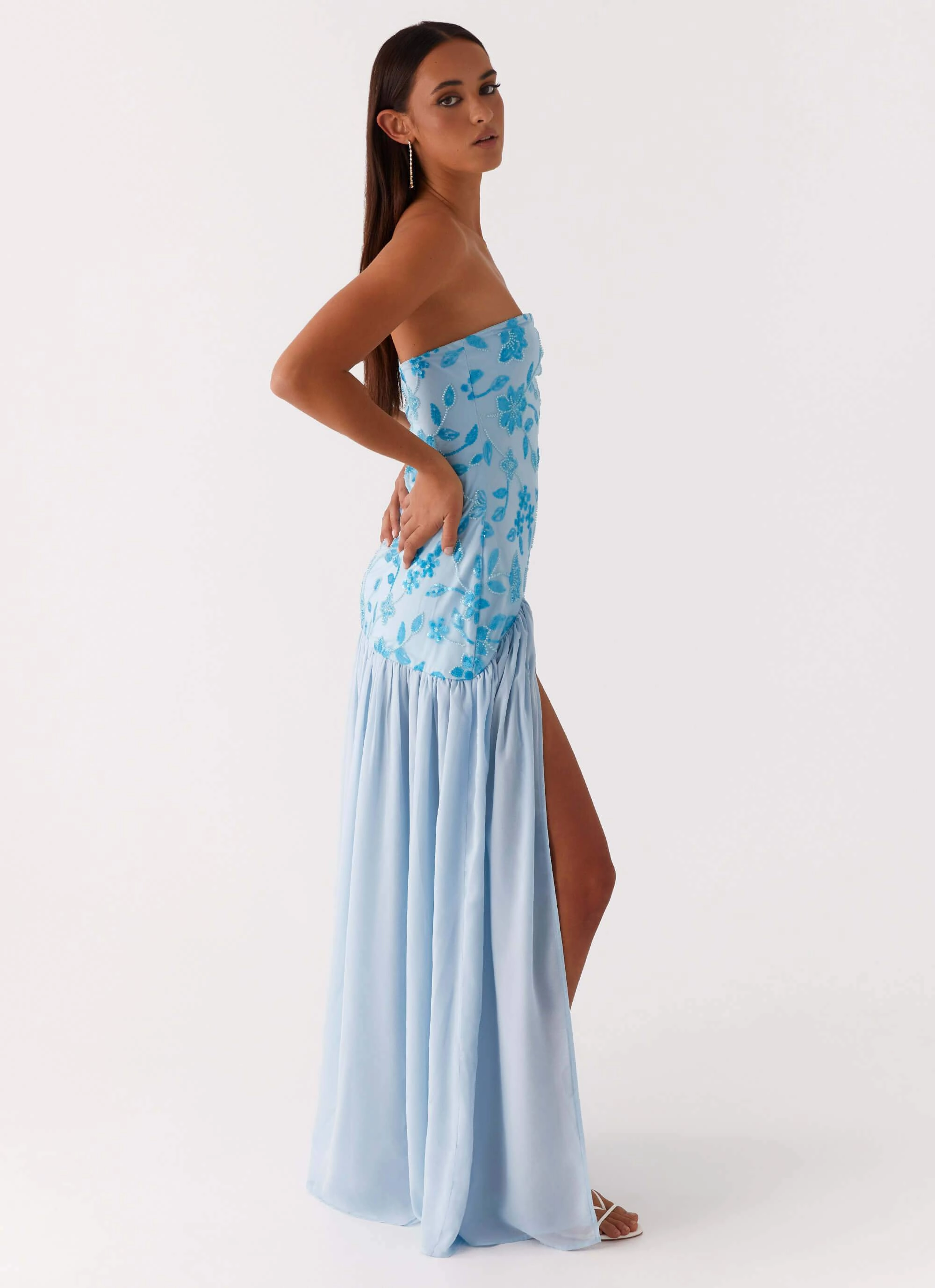 Front-Zip Eden Strapless Beaded Maxi Dress - Blue
