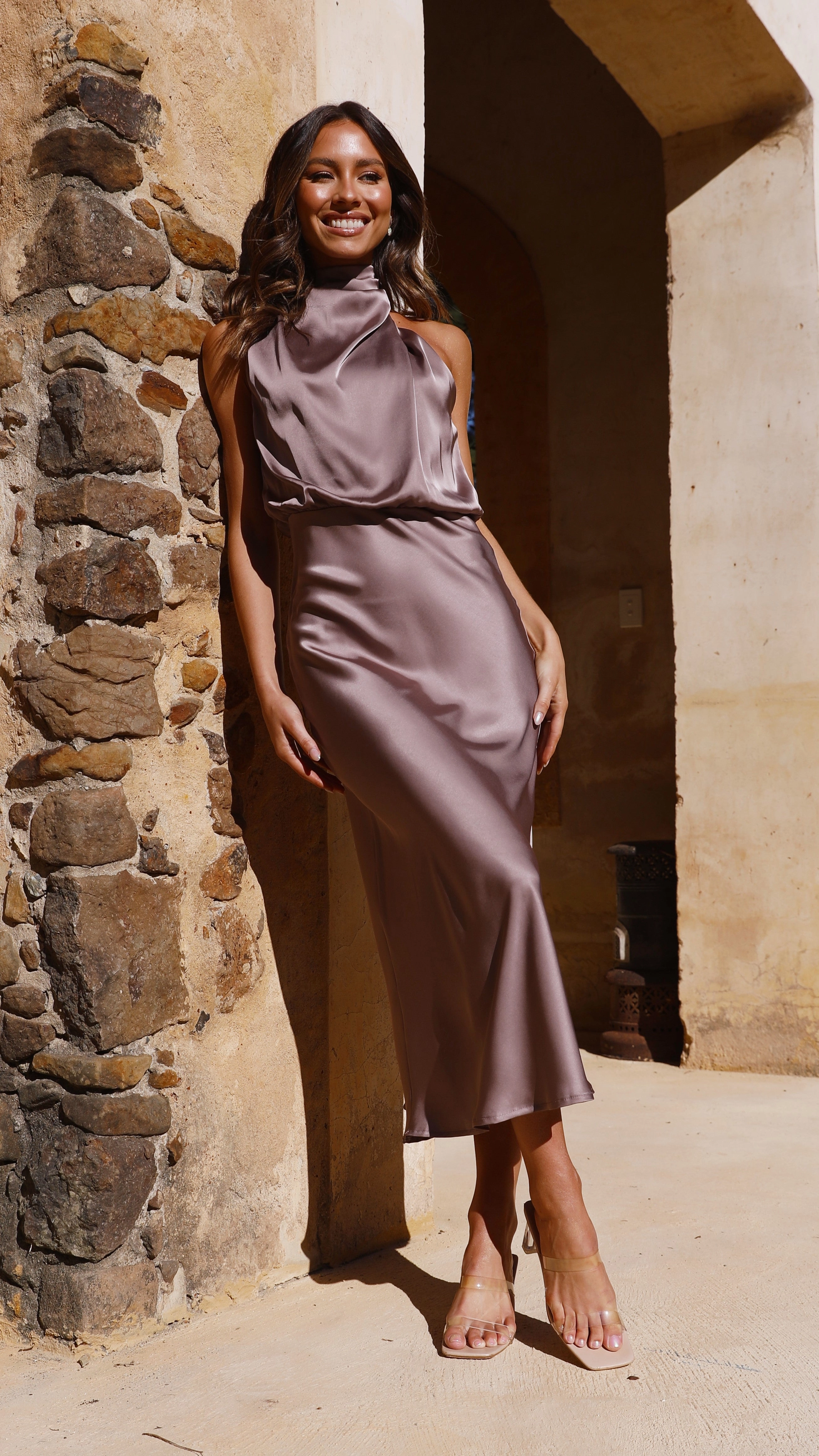 Esther Maxi Dress - Mushroom Sleek Cut Gemstone-Detail