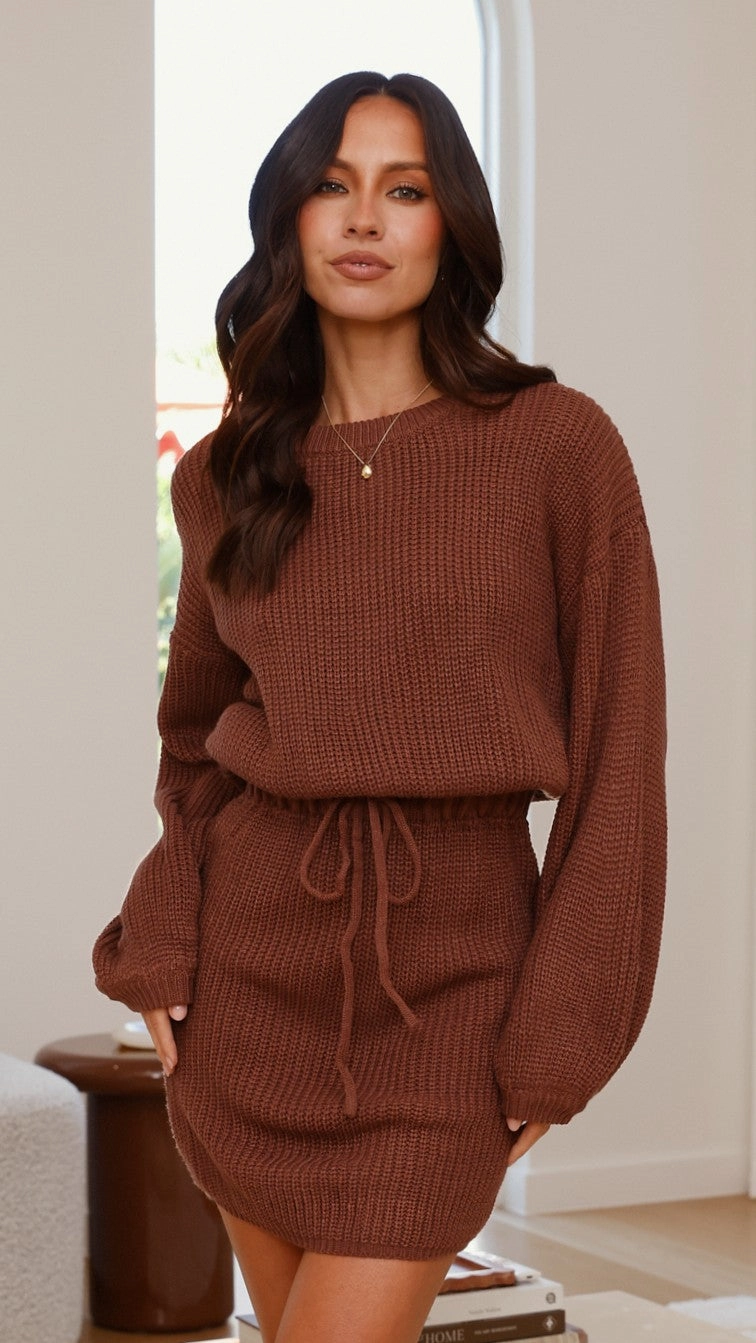 Feya Knit Mini Dress - Chocolate Form Fitting