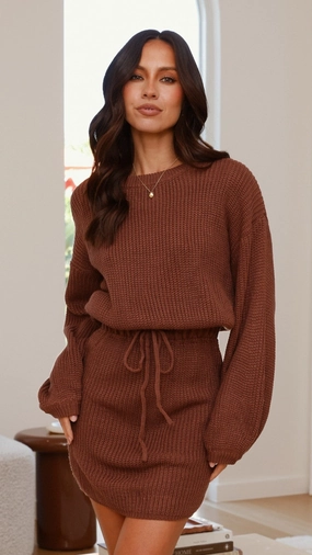 Feya Knit Mini Dress - Chocolate Form Fitting