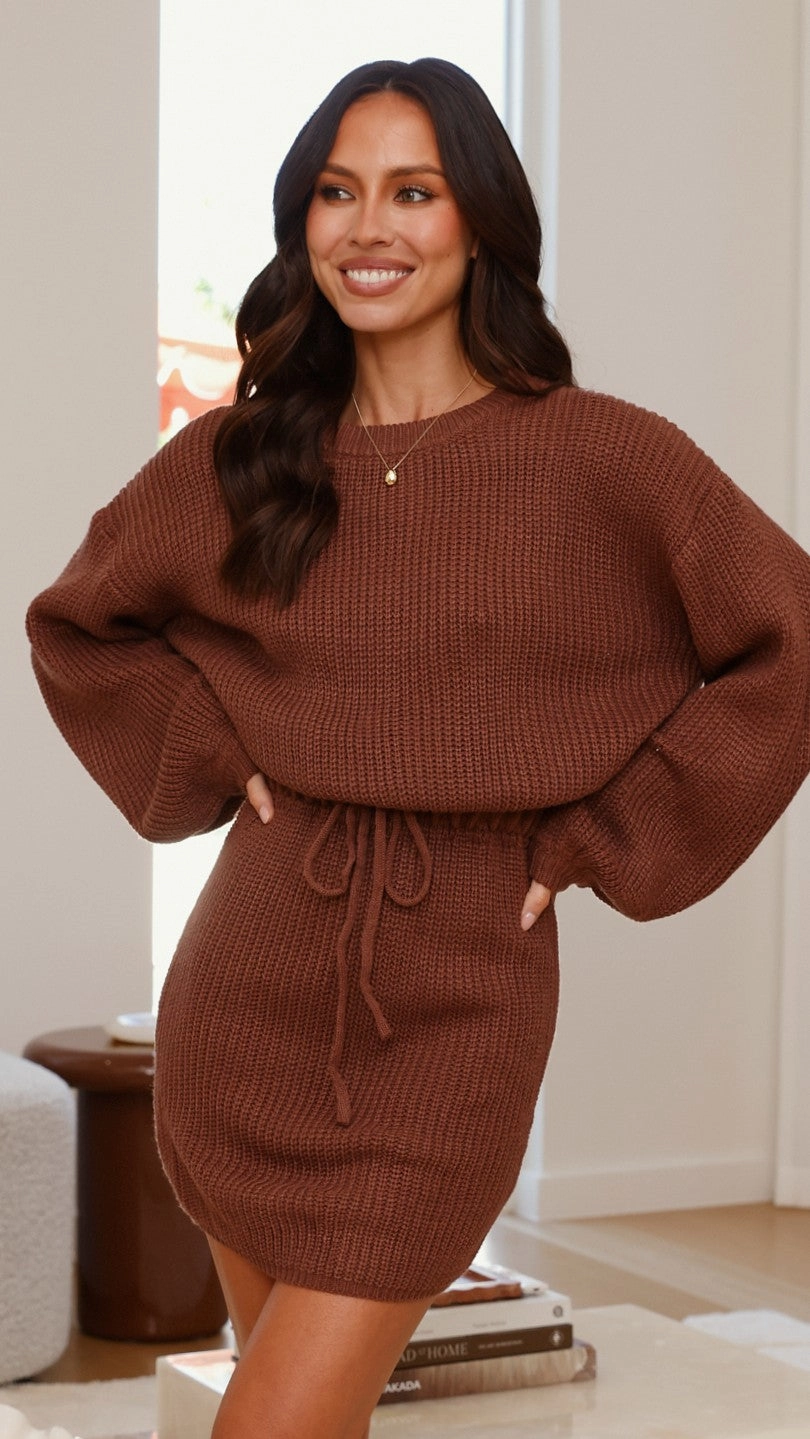 Feya Knit Mini Dress - Chocolate travel mode