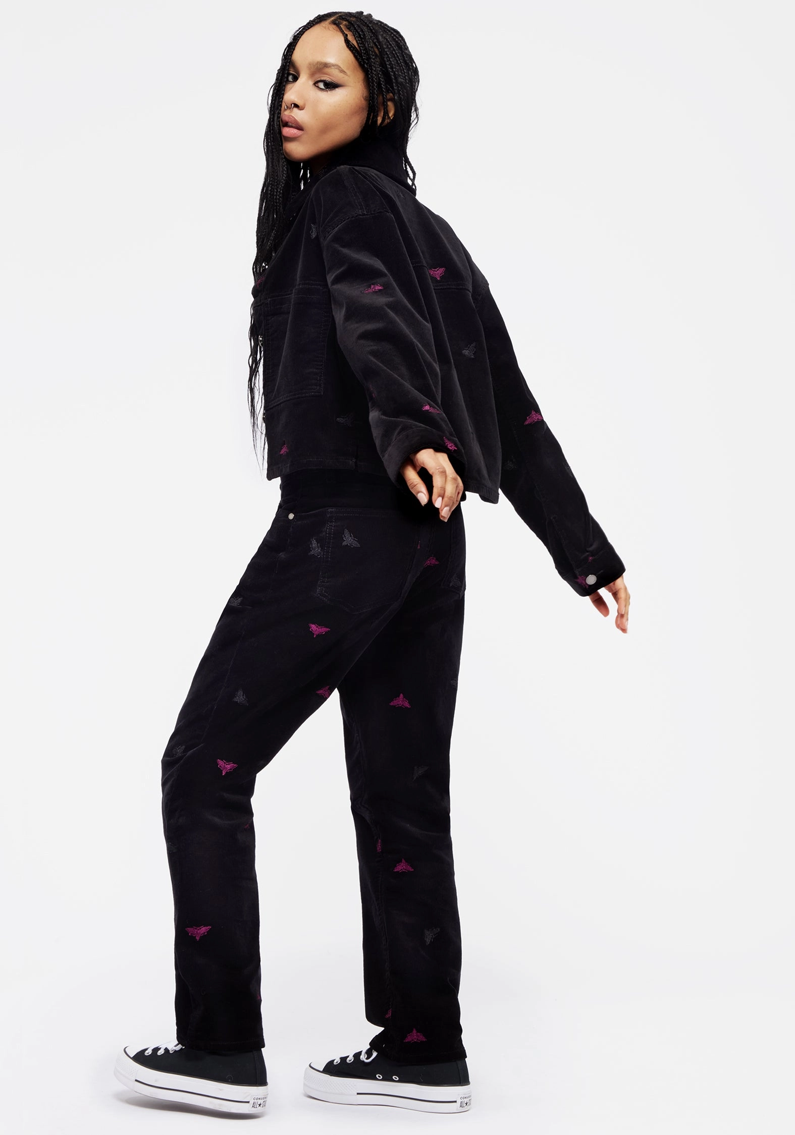 Styx Moth Embroidered Cord Shacket MoistureWickingLining