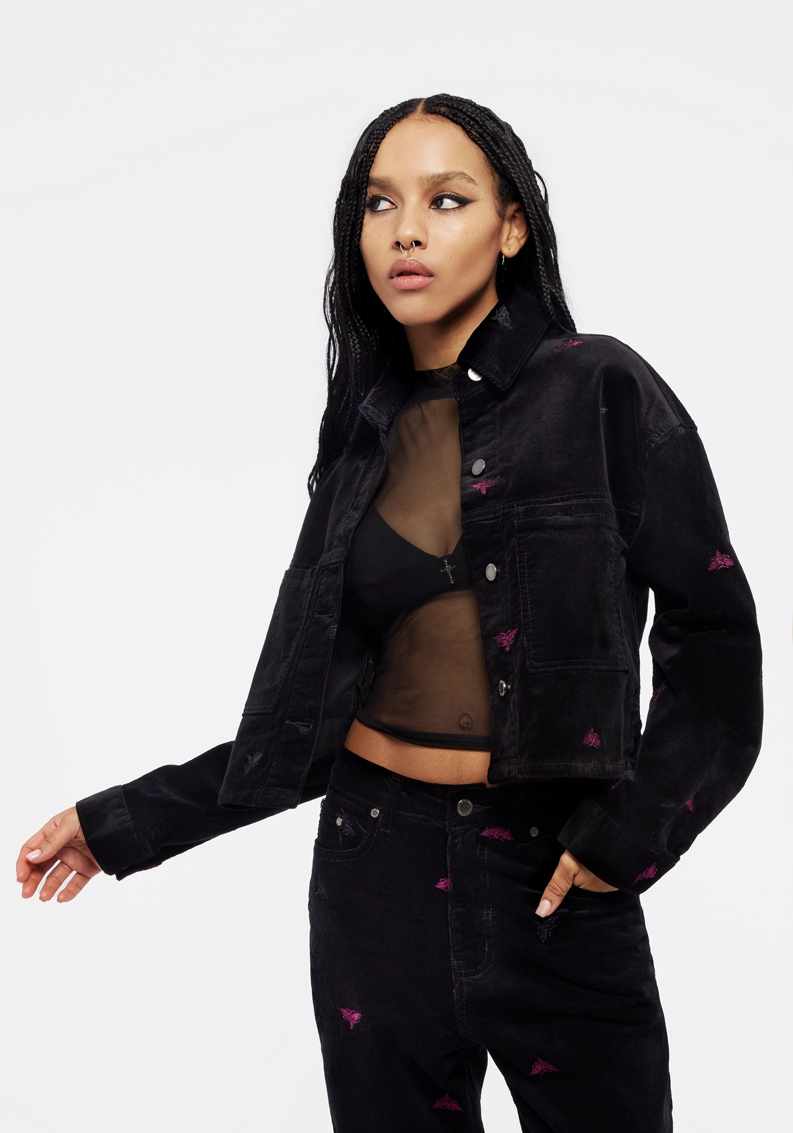 Chill Proof Style Styx Moth Embroidered Cord Shacket