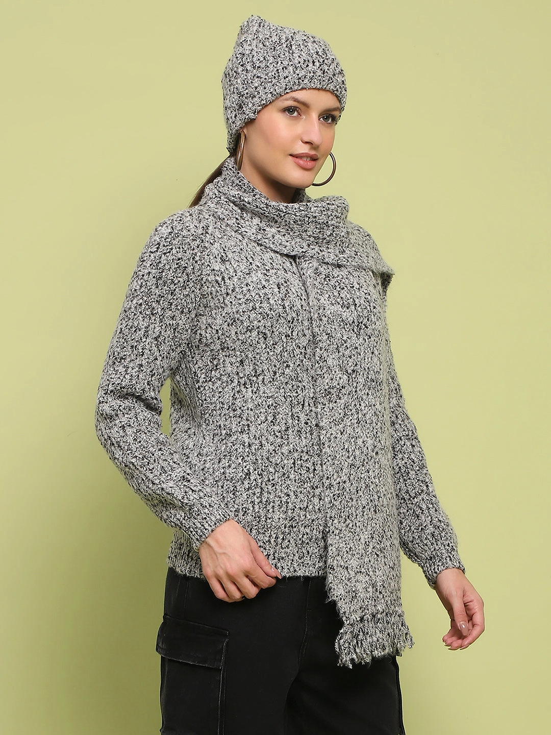Madame Self Design Regular Fit Grey Sweater Comfort Fit Design