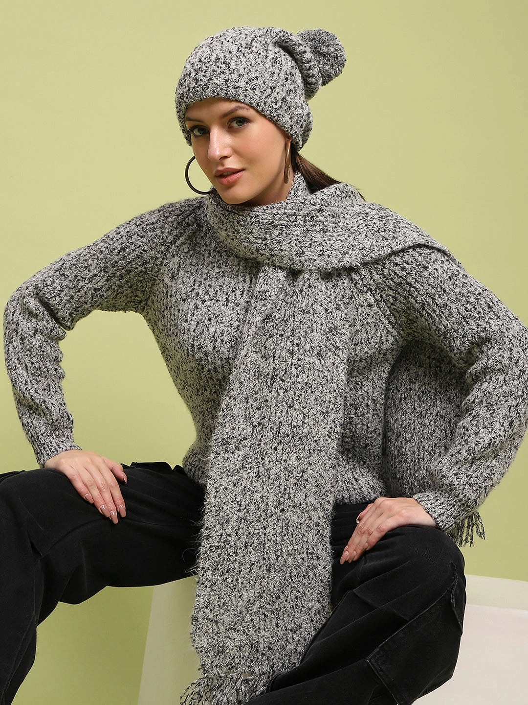 Non Static Fiber Tech Madame Self Design Regular Fit Grey Sweater