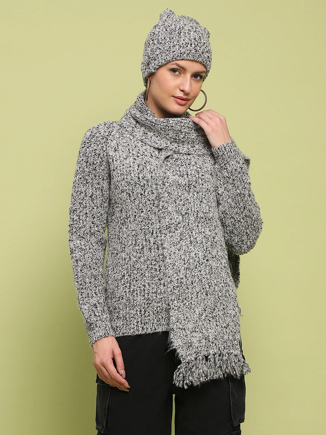 Modern Turtleneck Style Stretch Waist Madame Self Design Regular Fit Grey Sweater