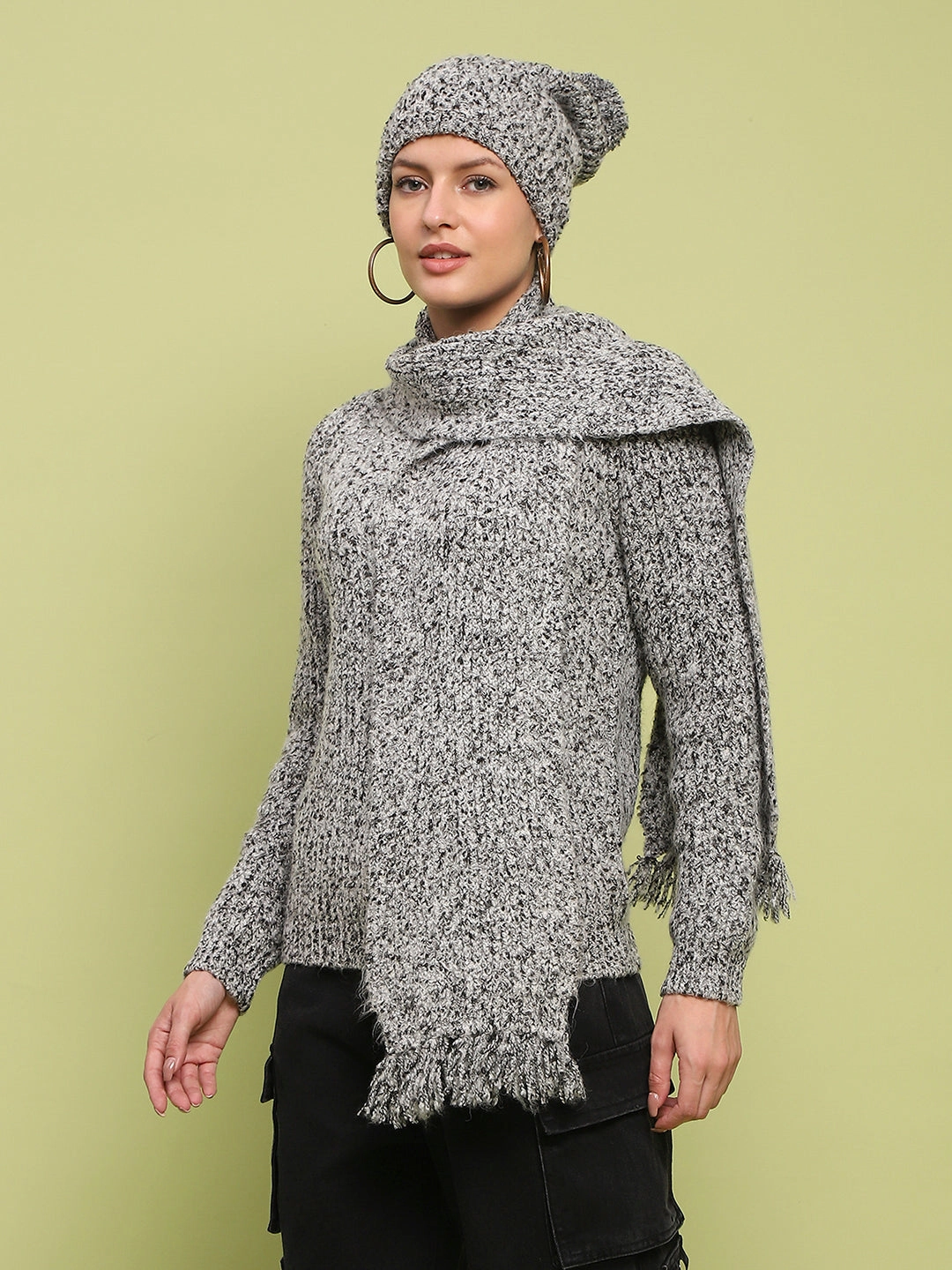 Cozy Flex Fit Madame Self Design Regular Fit Grey Sweater