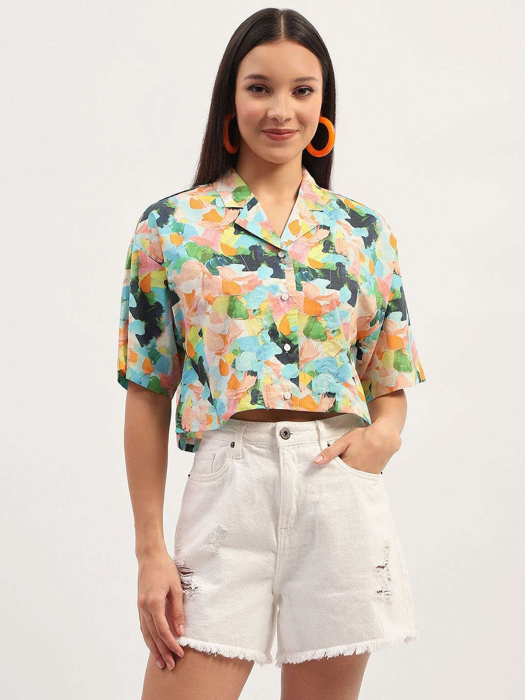 Madame Graphic Print Cotton Sky Blue Cropped Shirt Soft Material Creative Professional