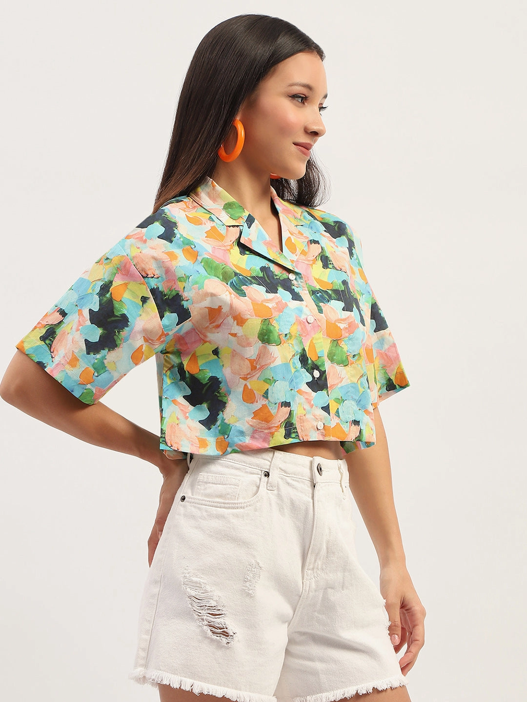 Madame Graphic Print Cotton Sky Blue Cropped Shirt Bold Pattern