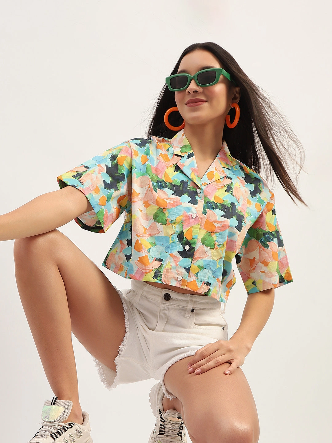Subtle Details Madame Graphic Print Cotton Sky Blue Cropped Shirt