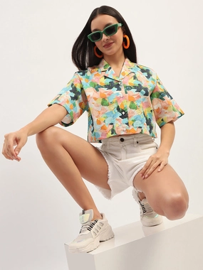 Madame Graphic Print Cotton Sky Blue Cropped Shirt Tailored Fit
