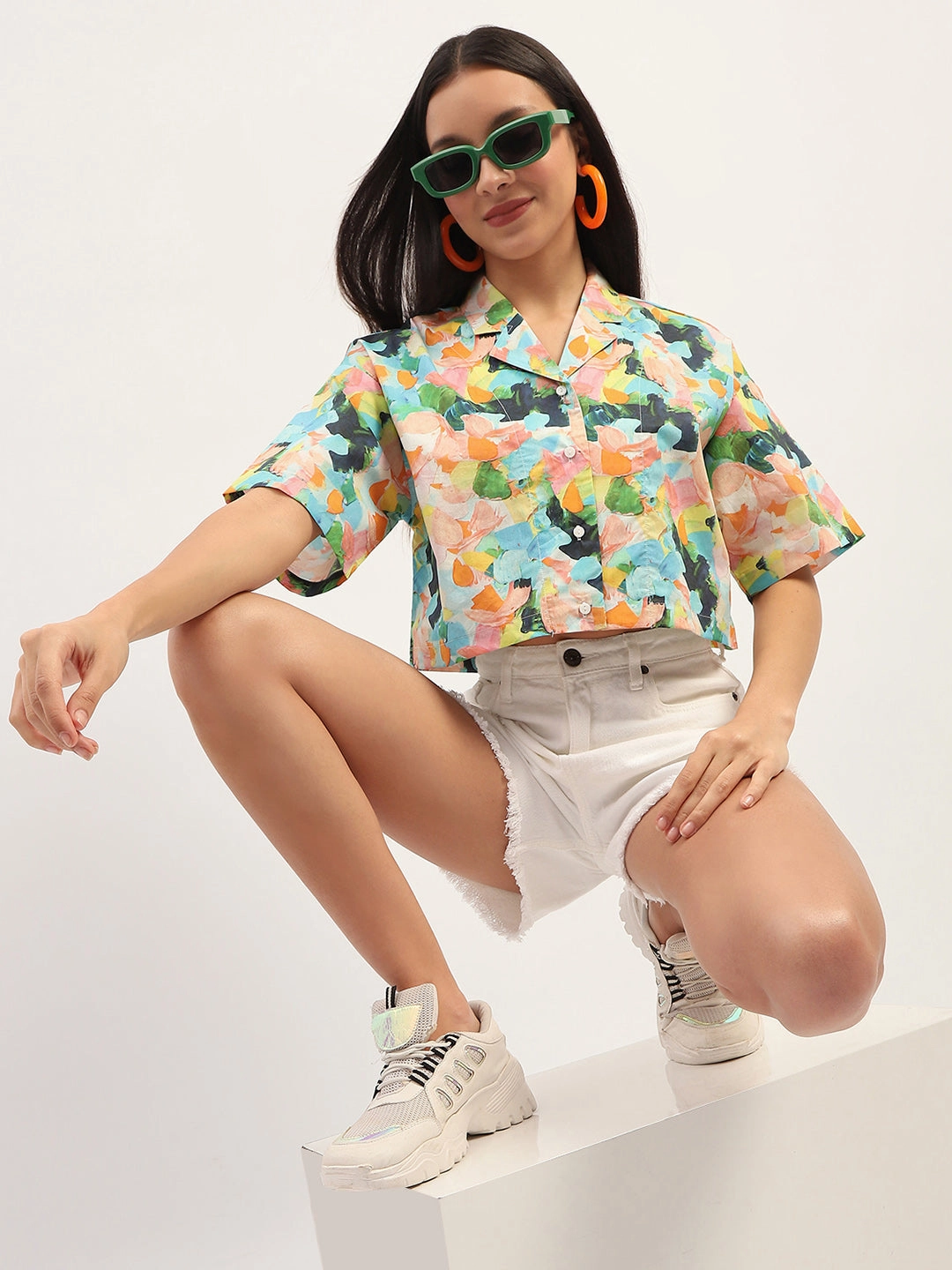Madame Graphic Print Cotton Sky Blue Cropped Shirt Tailored Fit