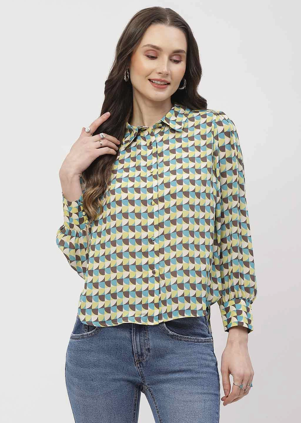 Madame Geometric Print Apple Green Regular Shirt Quick Release Cuffs Minimalist Style