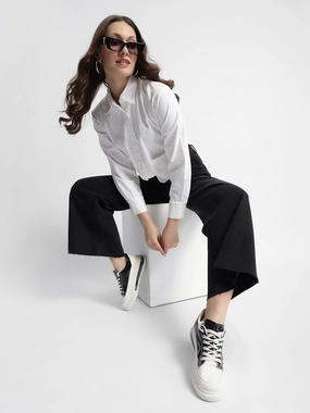 Anti Static Fabric Madame White Front Flap Pocket Crop Shirt