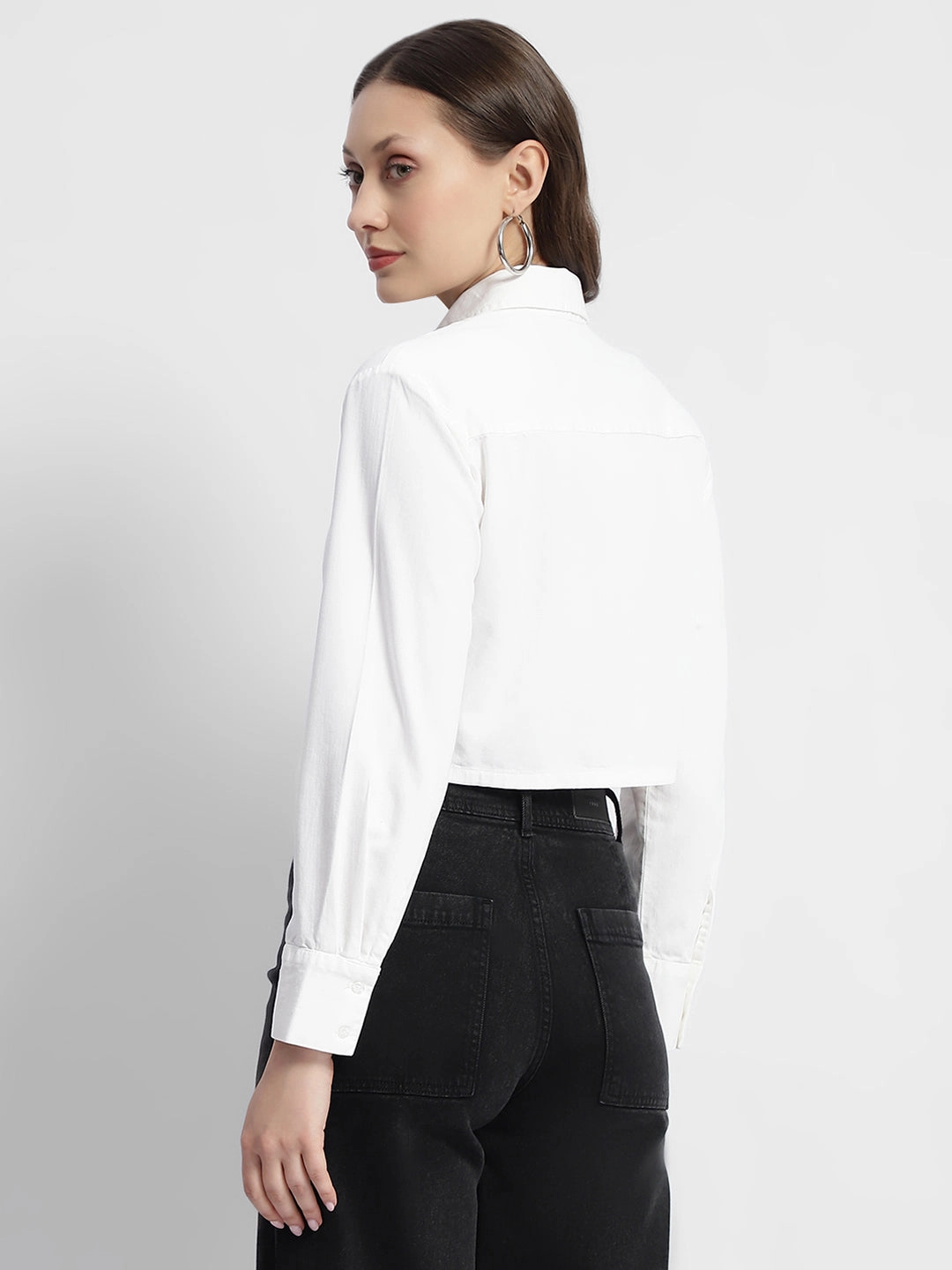 Graduation Attire Multipocket Style Madame White Front Flap Pocket Crop Shirt