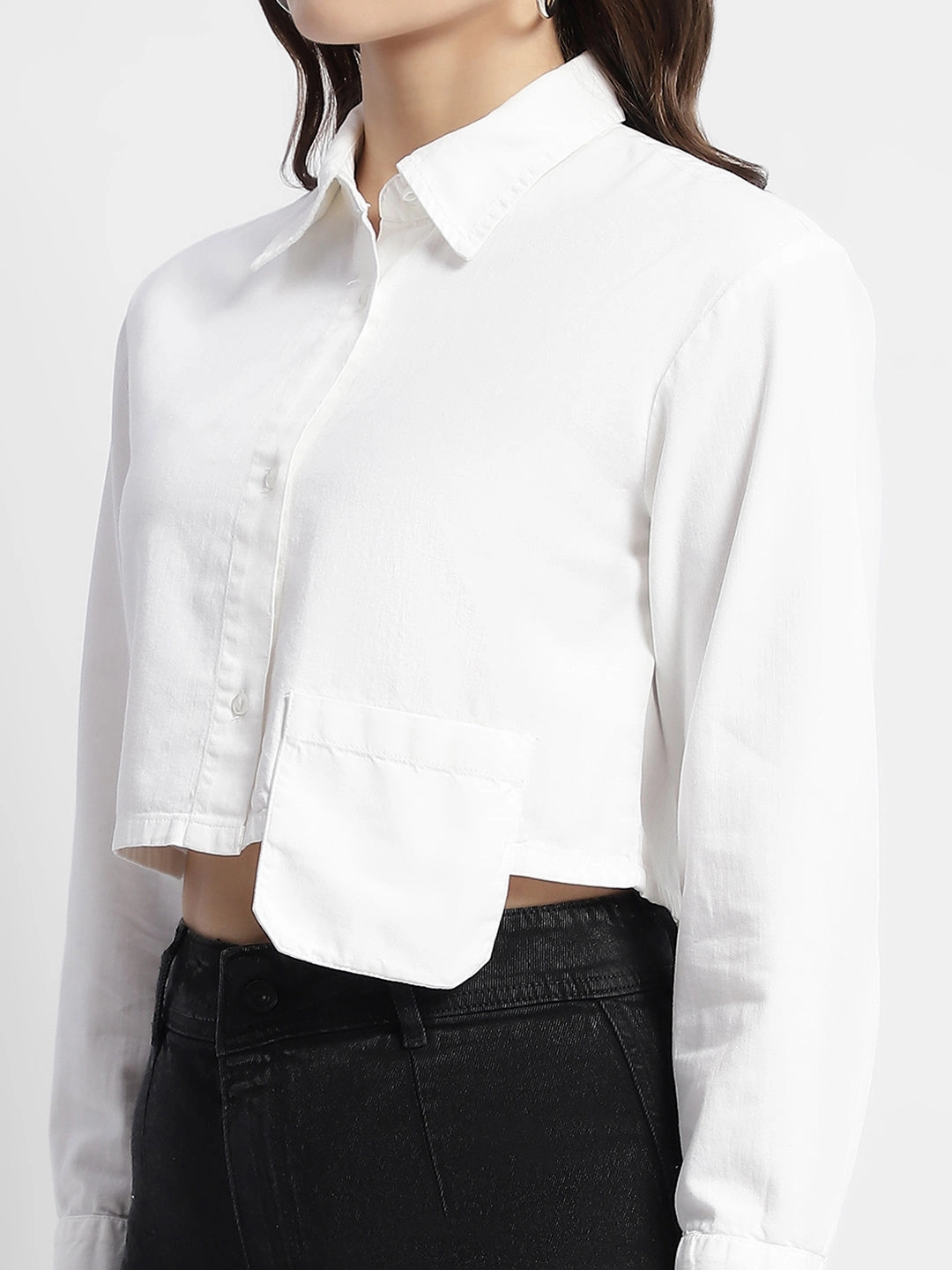 Madame White Front Flap Pocket Crop Shirt Weekend Outfit Mountain Escape
