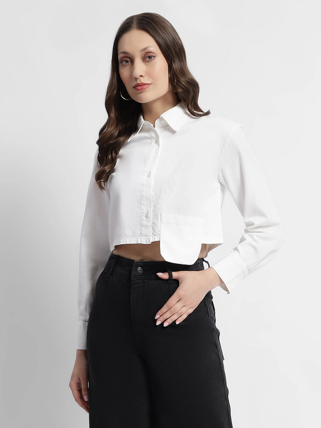 Madame White Front Flap Pocket Crop Shirt Fashion Forward Design Patterned Texture