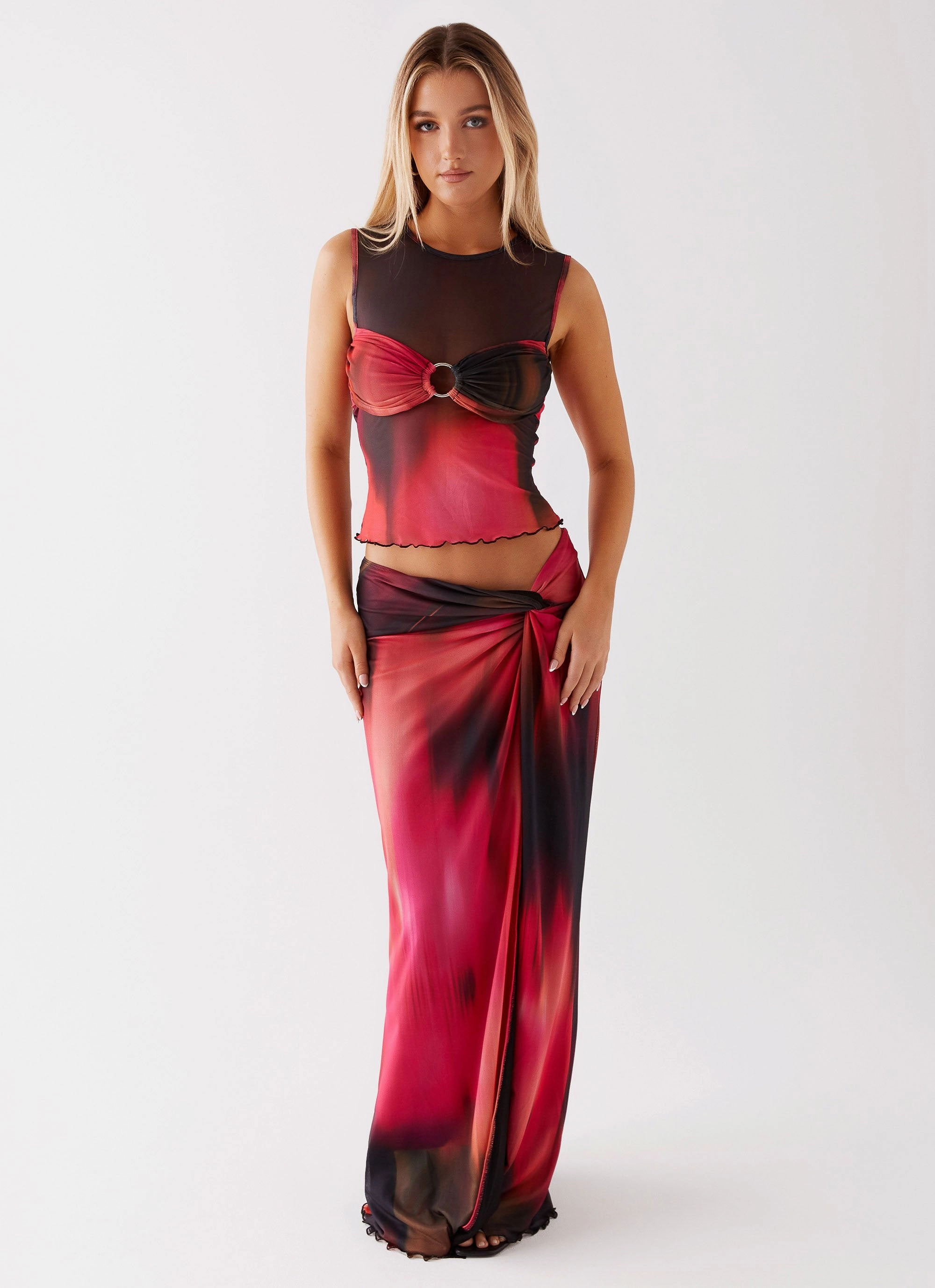 Caprise Maxi Skirt - Pink Print Drawstring closure Stretchy
