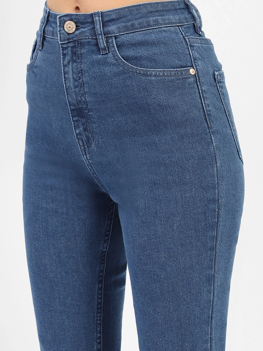 Madame Solid Blue Slim Fit Jeans Crosshatch Stitching