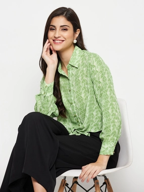 Madame Geometric Print Tie Front Green Shirt Trendy designs