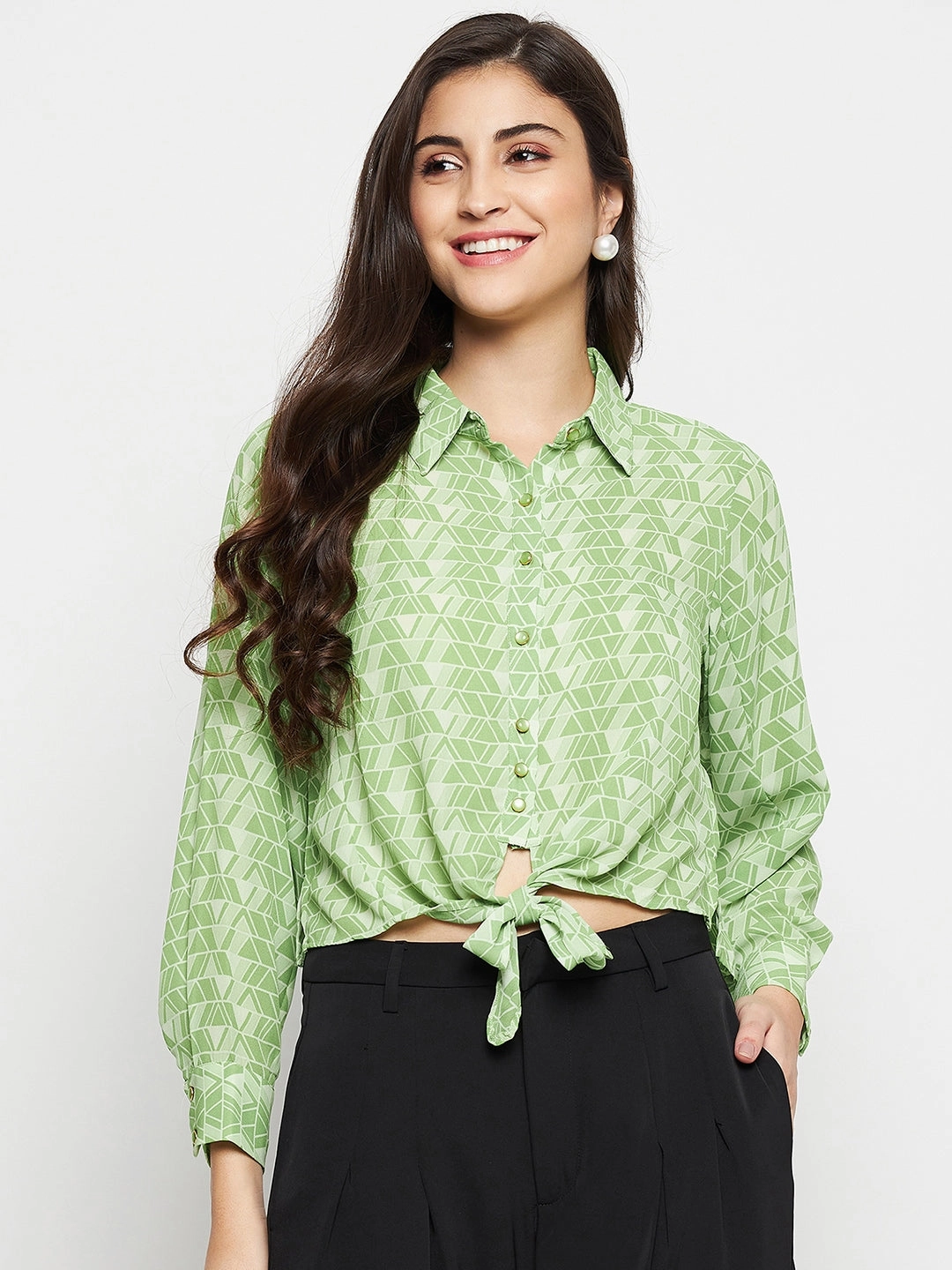 Fashionable Pick Madame Geometric Print Tie Front Green Shirt