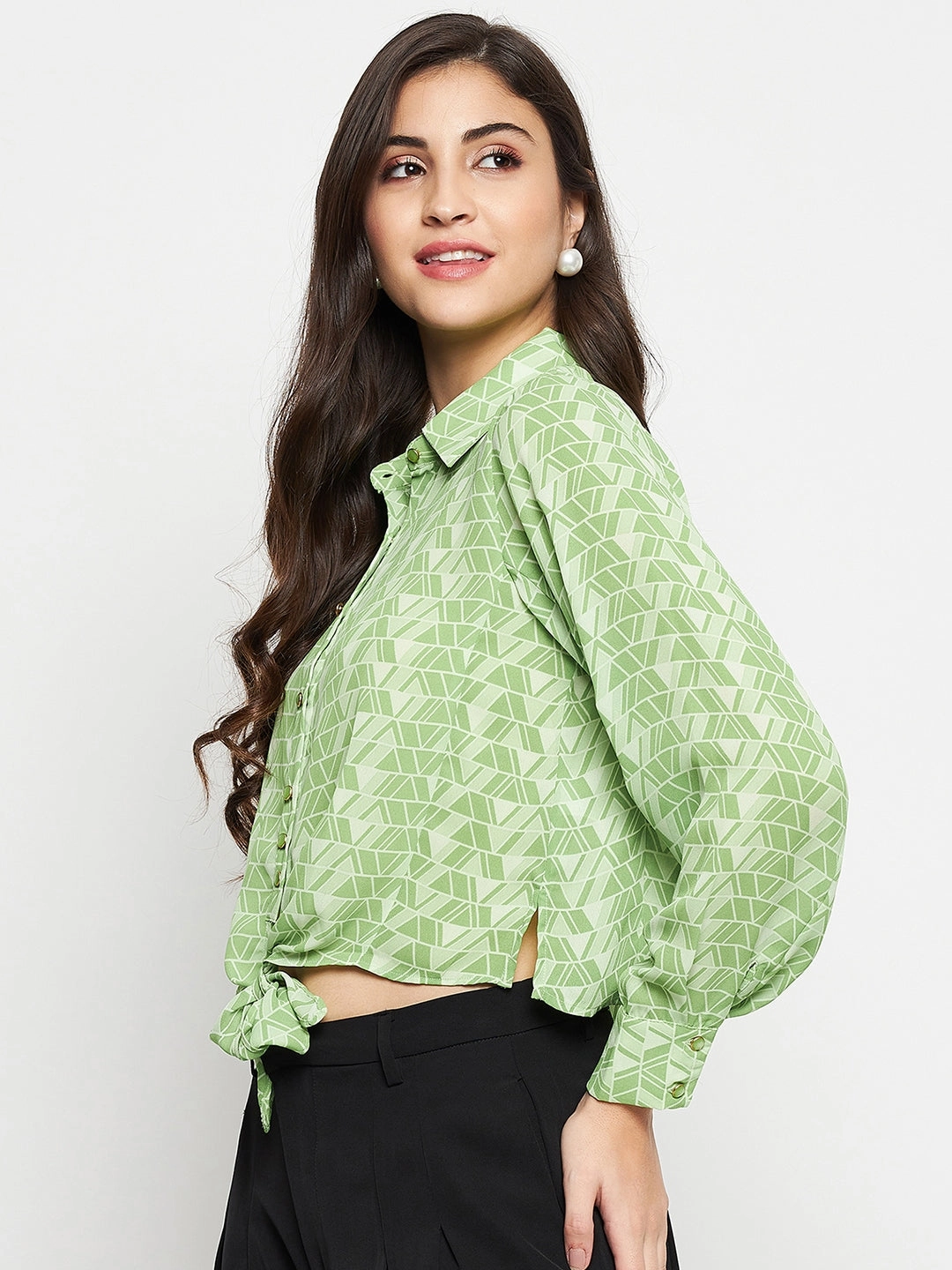 Madame Geometric Print Tie Front Green Shirt Tall Length Adjustable Cuffs