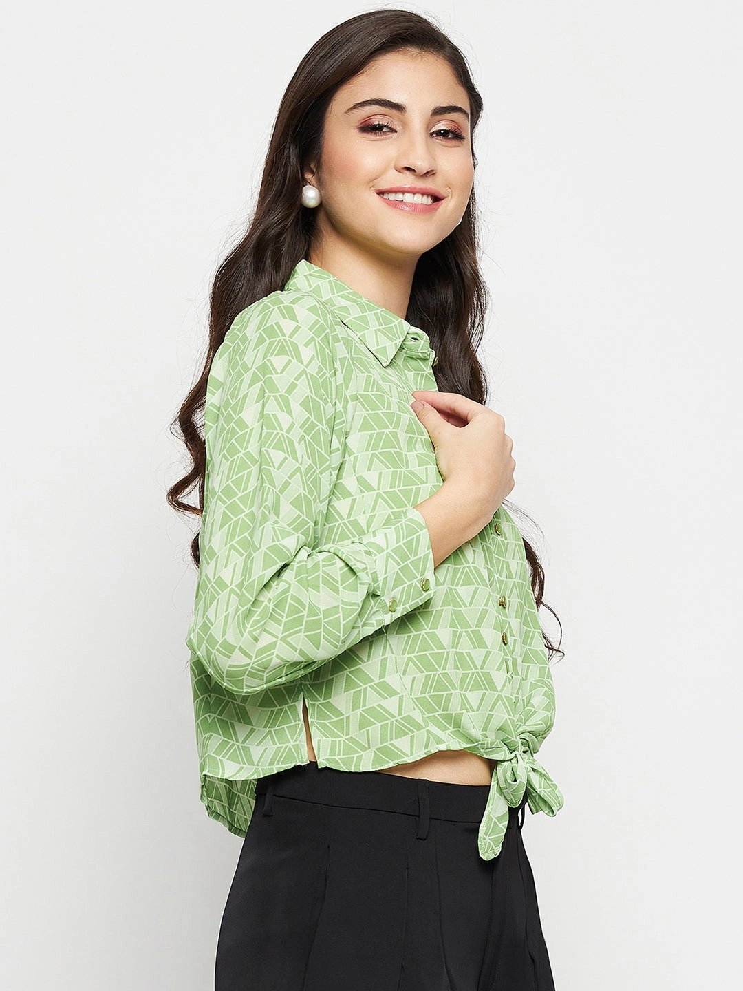 Trendy Look Madame Geometric Print Tie Front Green Shirt