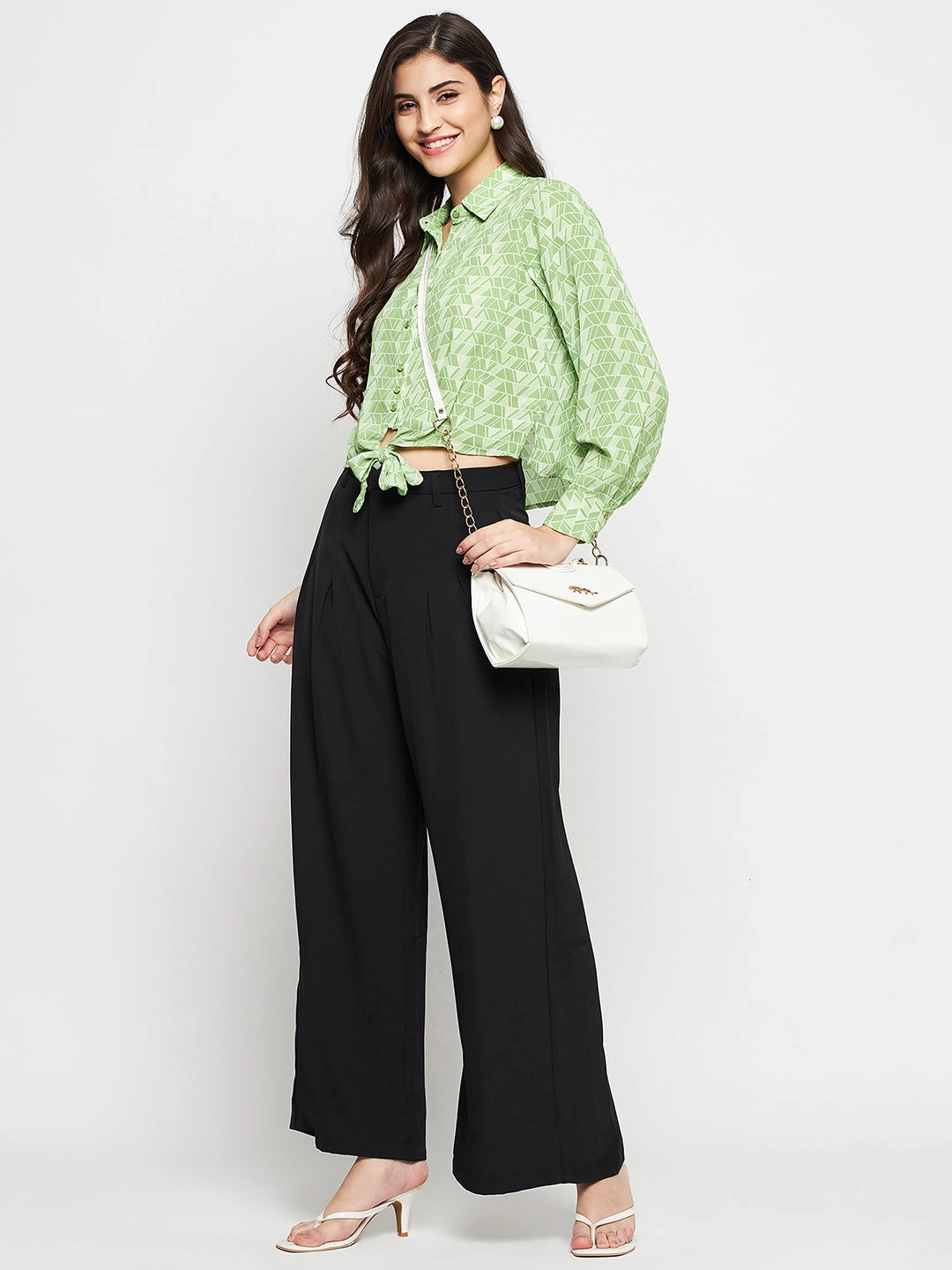 Madame Geometric Print Tie Front Green Shirt Quick-Dry Minimalist Closure