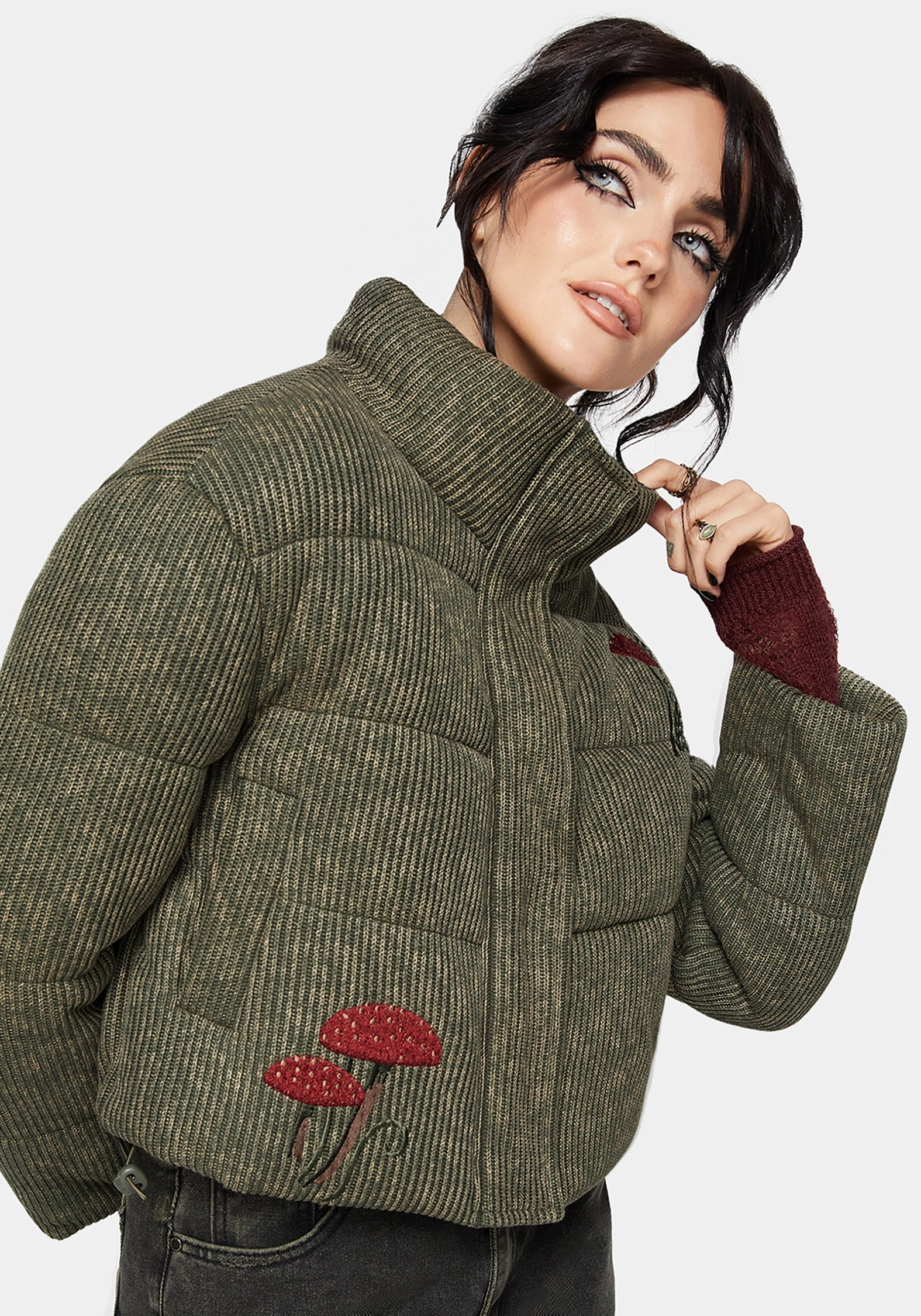 Sylvia Embroidered Knit Bomber Jacket Seamless Shoulder Design Compression Panels