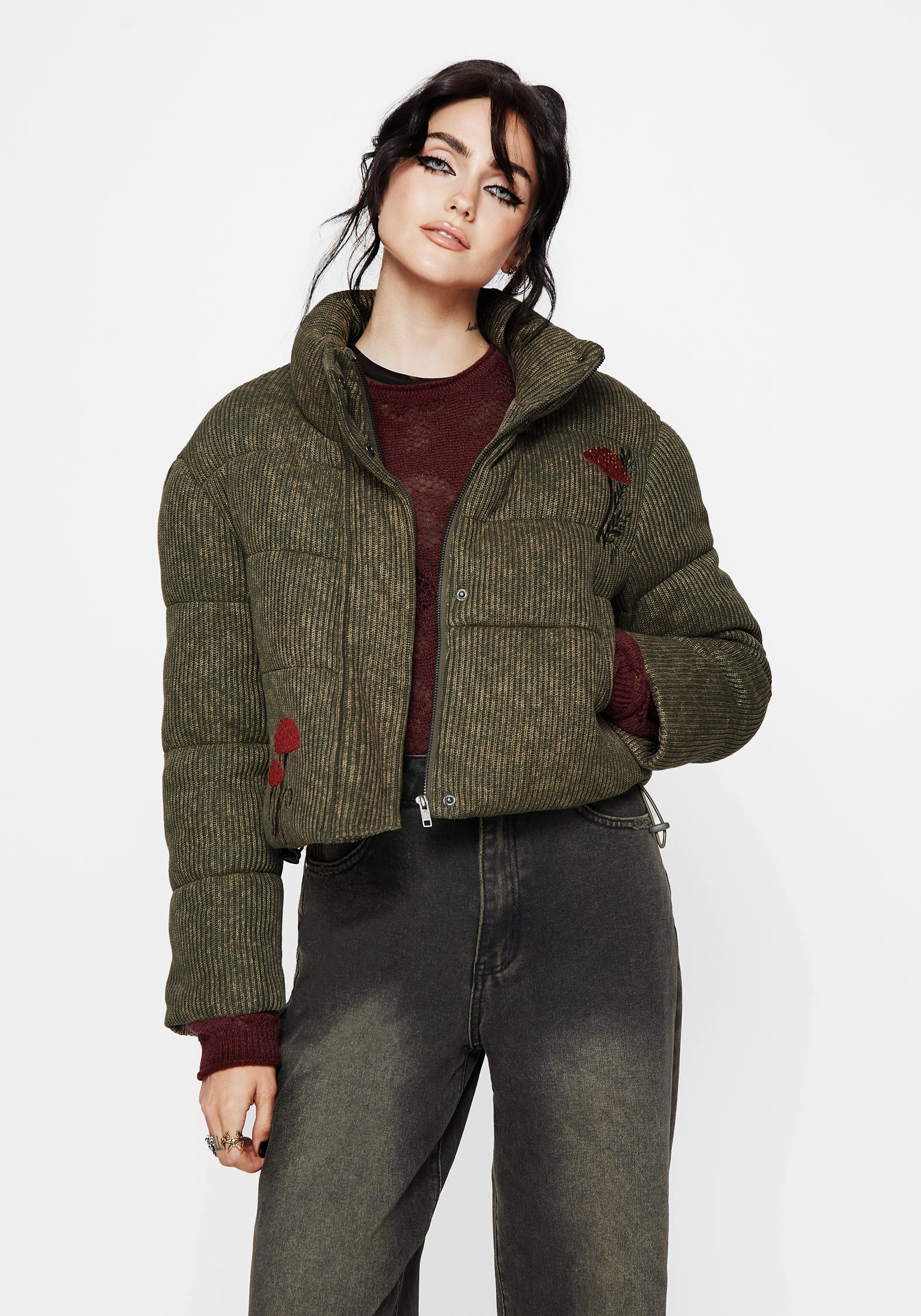 VentilatedBackPanel DetachableLining Sylvia Embroidered Knit Bomber Jacket