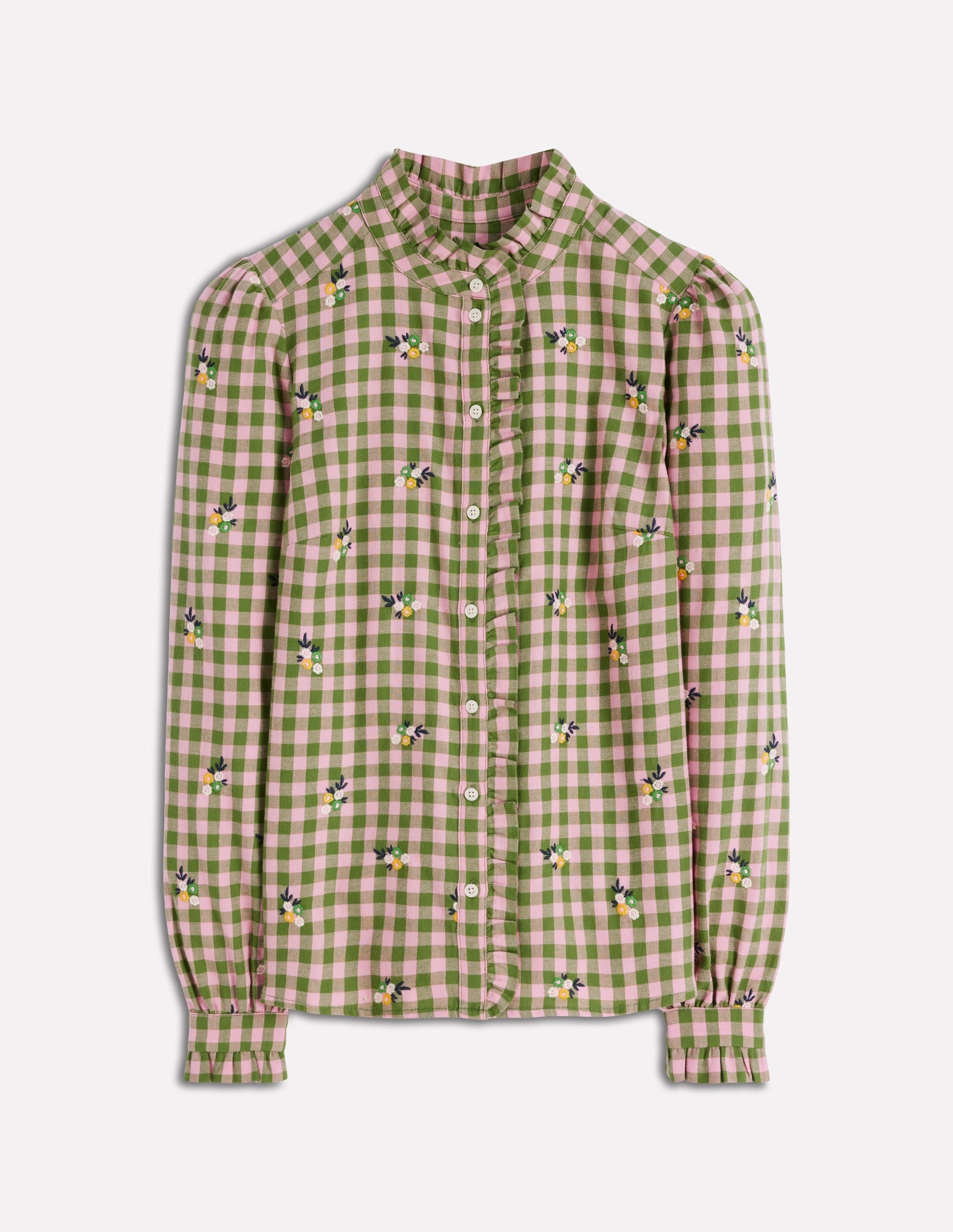 Long Sleeve Polo Helena Brushed Cotton Top-Green and Pink Floral Check