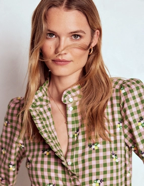 QuickDry Texture Helena Brushed Cotton Top-Green and Pink Floral Check