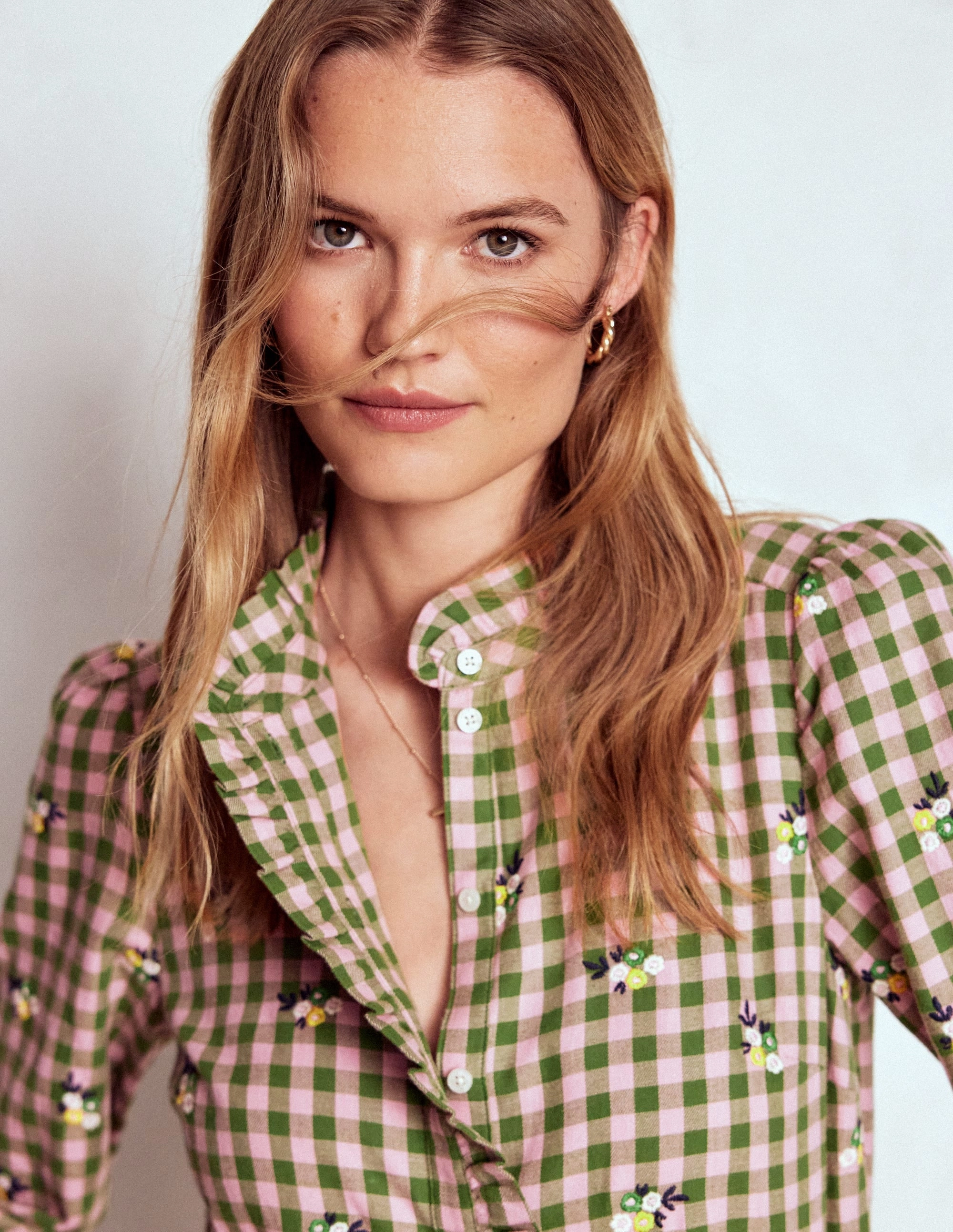 QuickDry Texture Helena Brushed Cotton Top-Green and Pink Floral Check