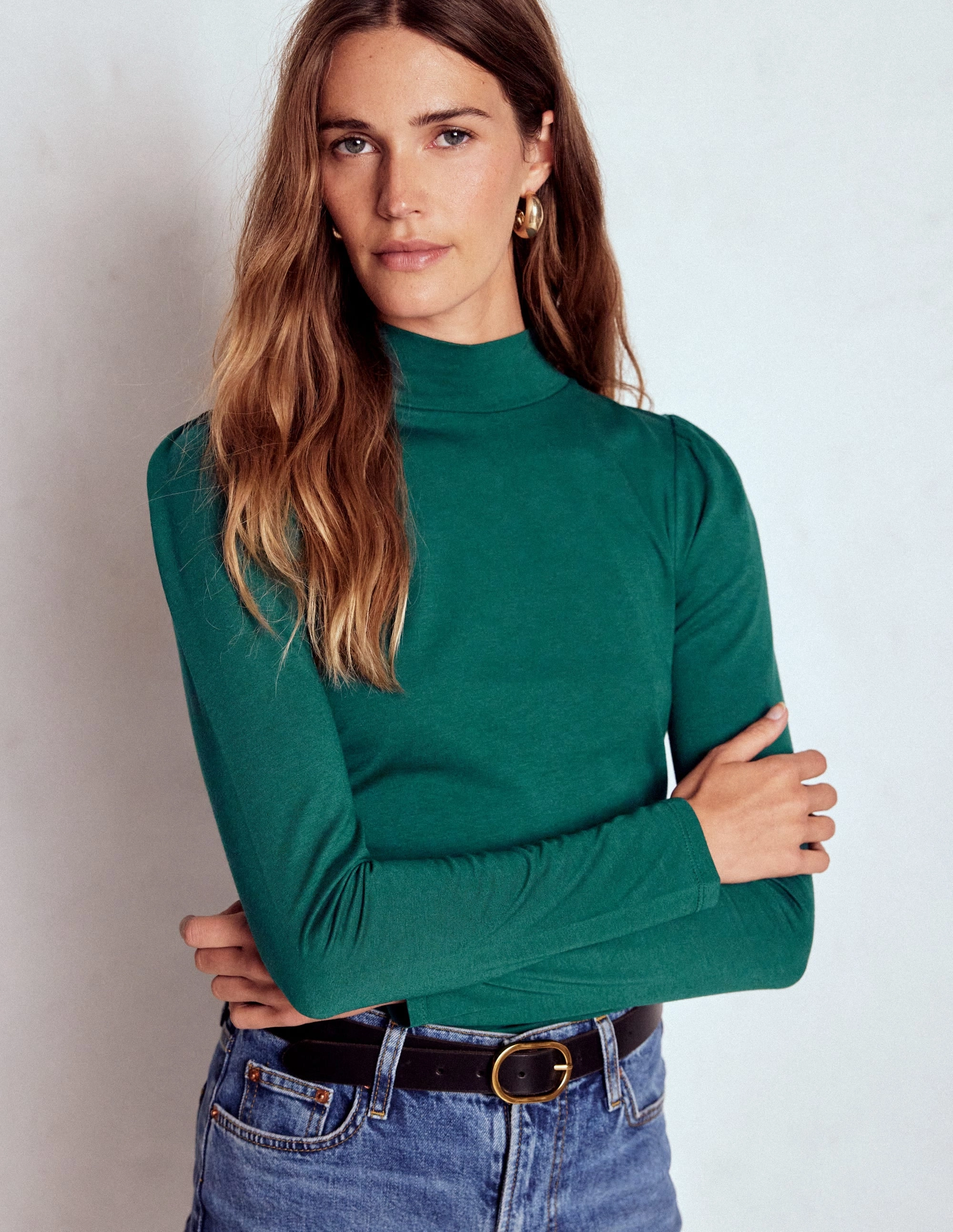 Puff Shoulder Jersey Top-Emerald Night AntiStaticLining Flatlock Seam Design