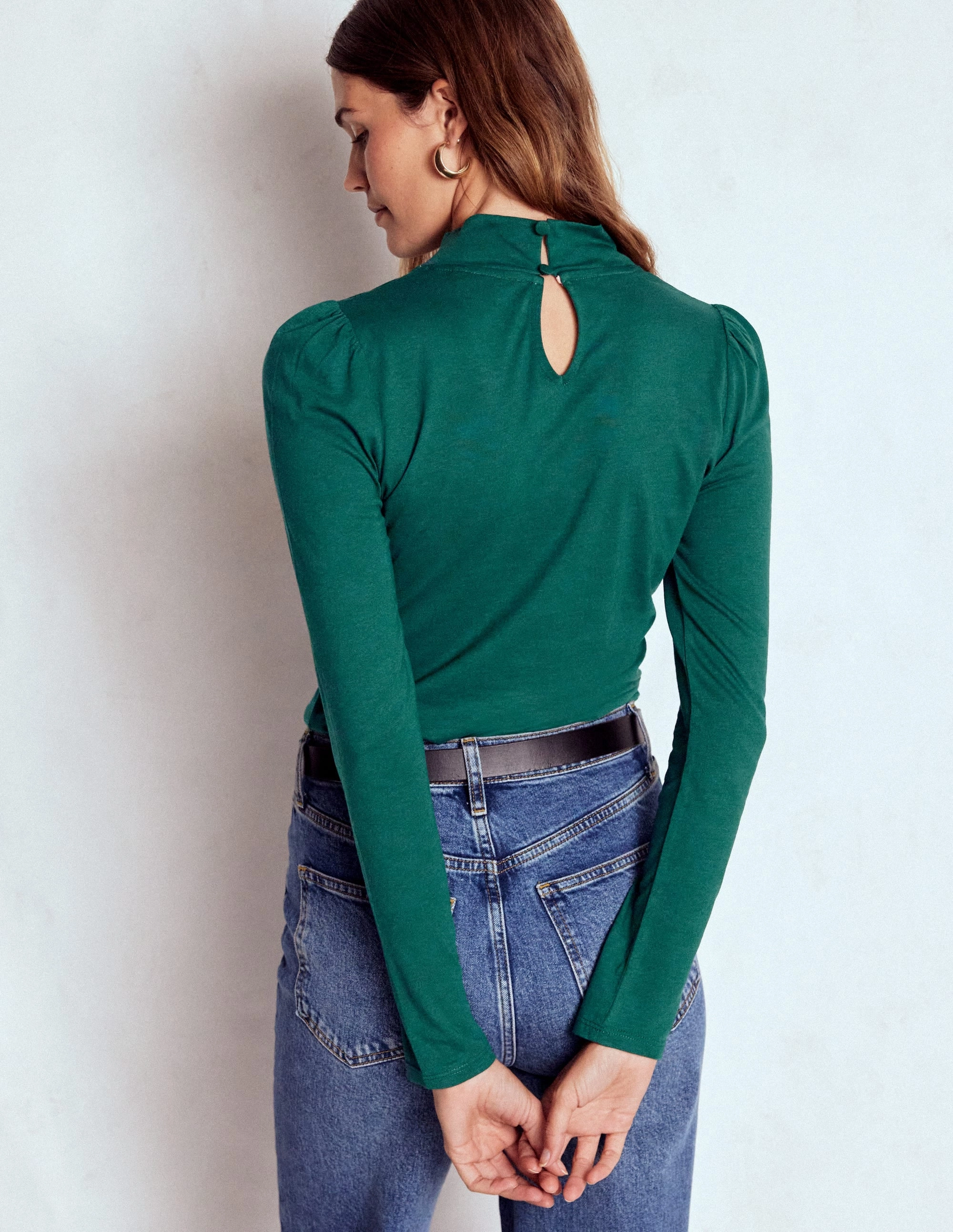 Puff Shoulder Jersey Top-Emerald Night LoopwheelFabric