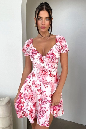 Date Nightwear Light Comfort Solem Mini Dress - Pink/Red Floral