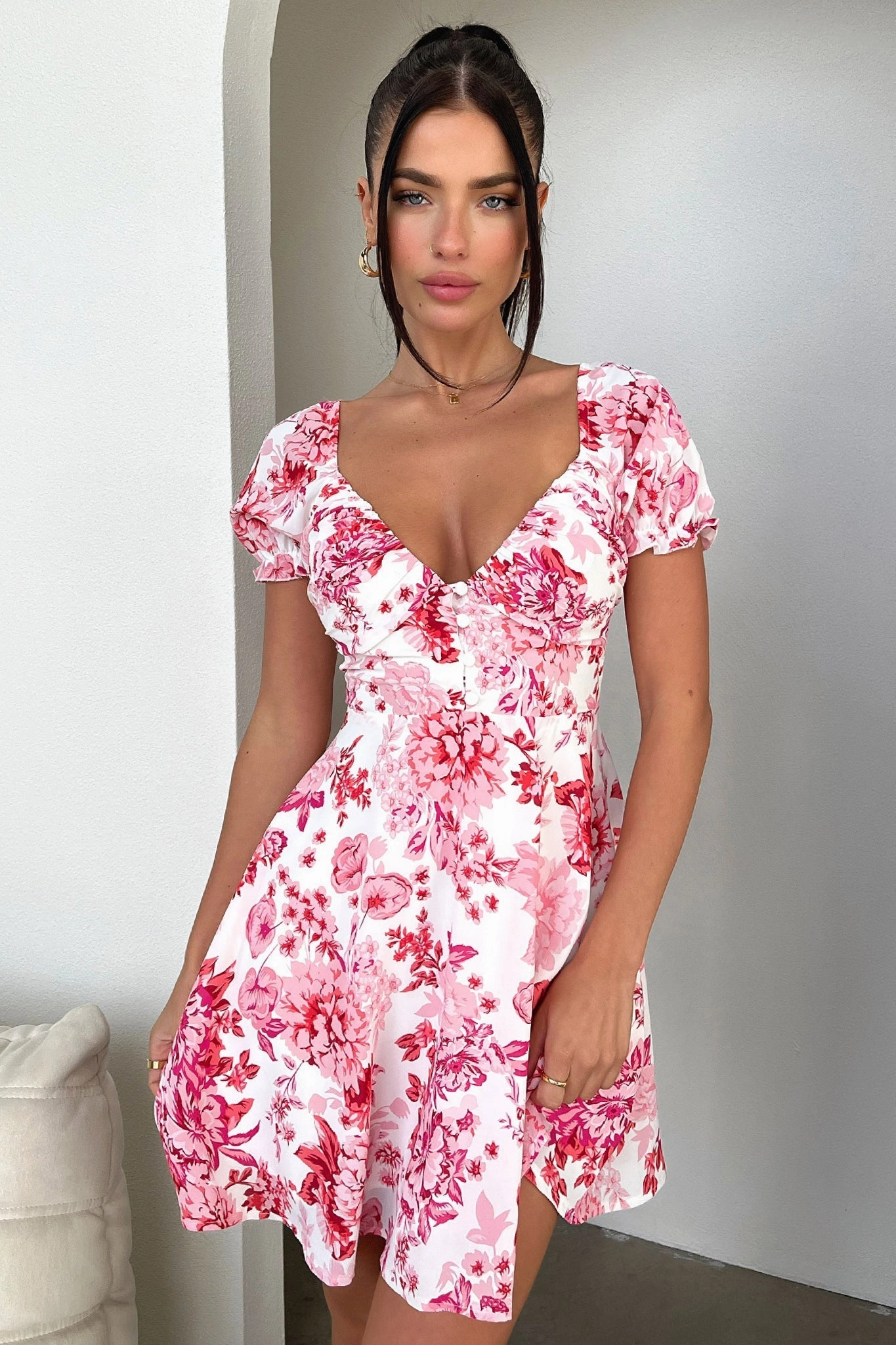Date Nightwear Light Comfort Solem Mini Dress - Pink/Red Floral