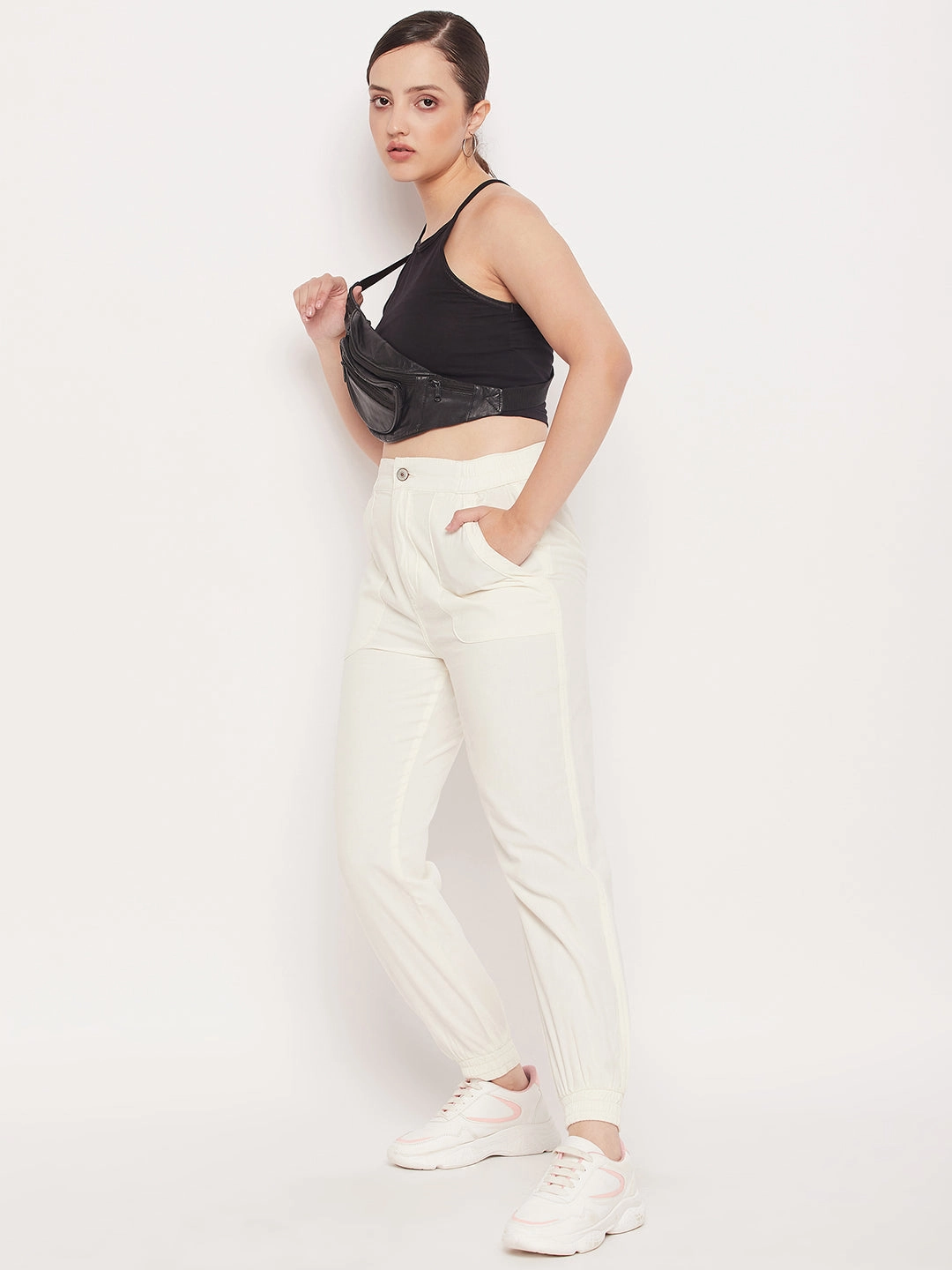 Madame White Elasticated Cotton Joggers Flexible Movement Travel Ready