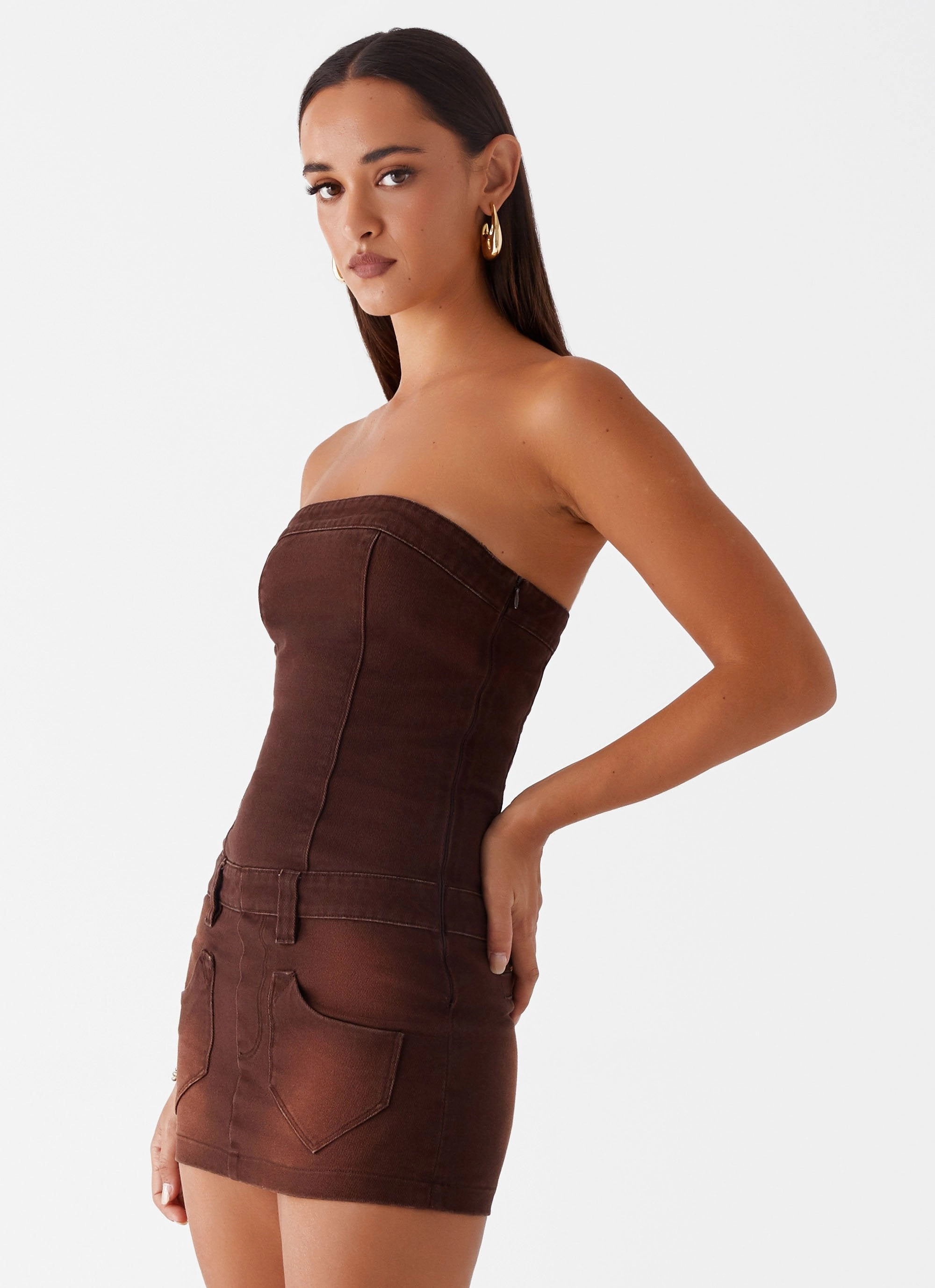 Off-Shoulder Silky Surface Heading South Mini Dress - Brown