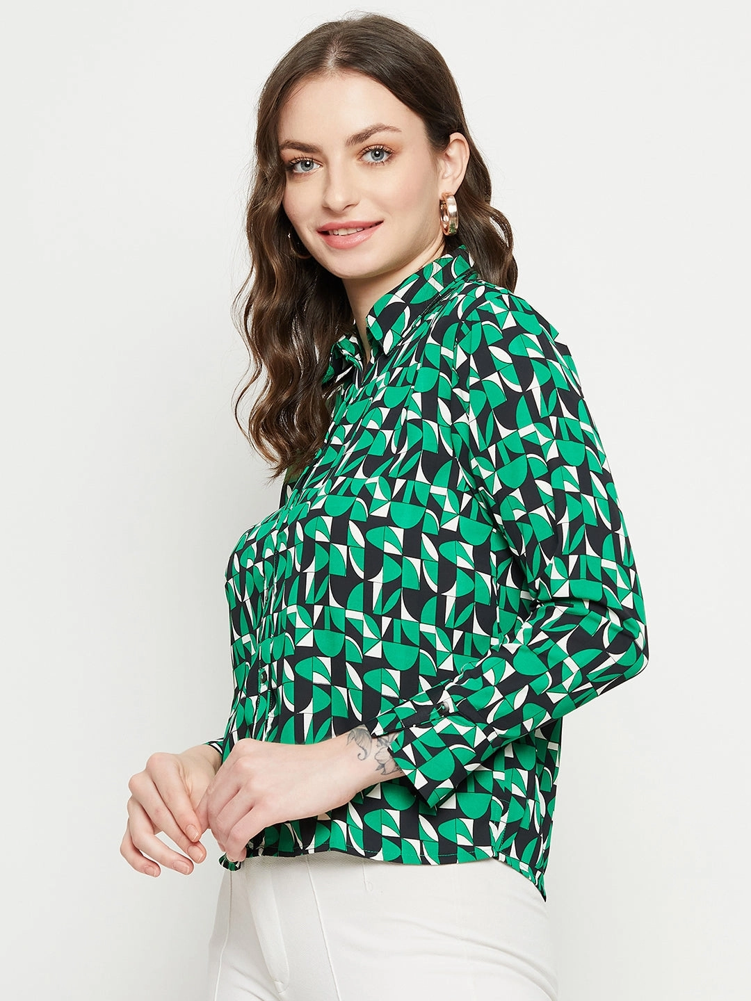 Chic Layer Madame Geometric Print Full Sleeves Green Shirt