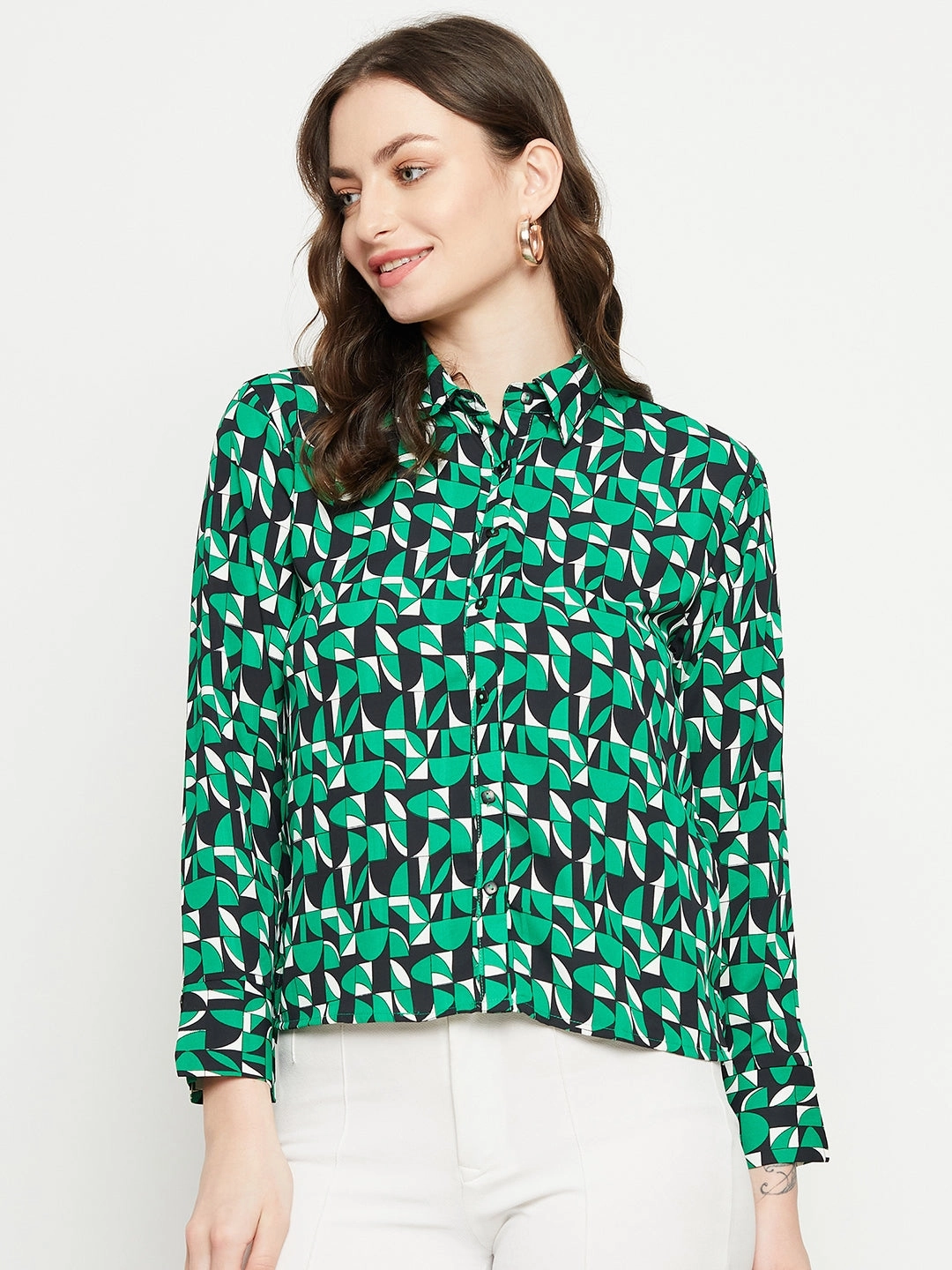 Anniversary Special Festive Look Madame Geometric Print Full Sleeves Green Shirt
