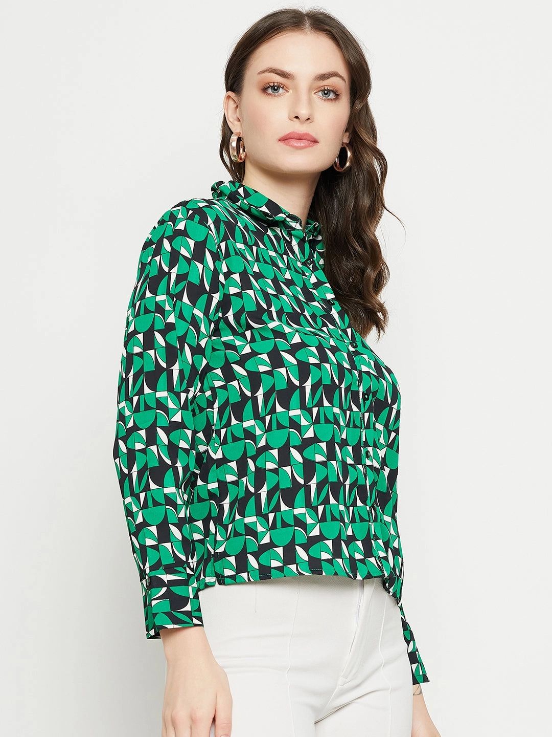 Madame Geometric Print Full Sleeves Green Shirt Simple Elegance Perfect Wear
