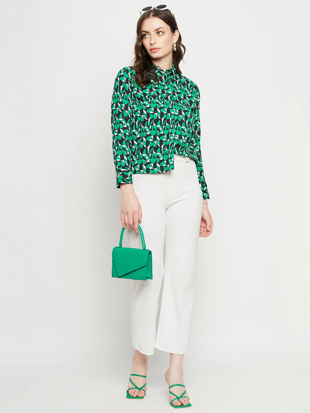 Madame Geometric Print Full Sleeves Green Shirt Designer Touch Thermal regulation