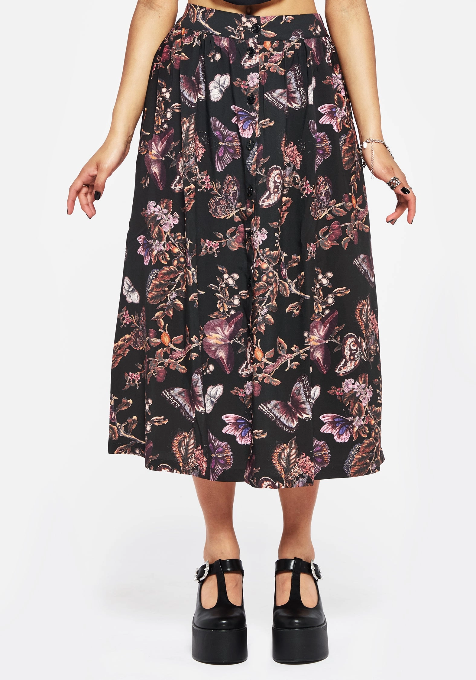 Eloise Floral Butterfly Print Button Up Midi Skirt Comfort Innovation Lined interior