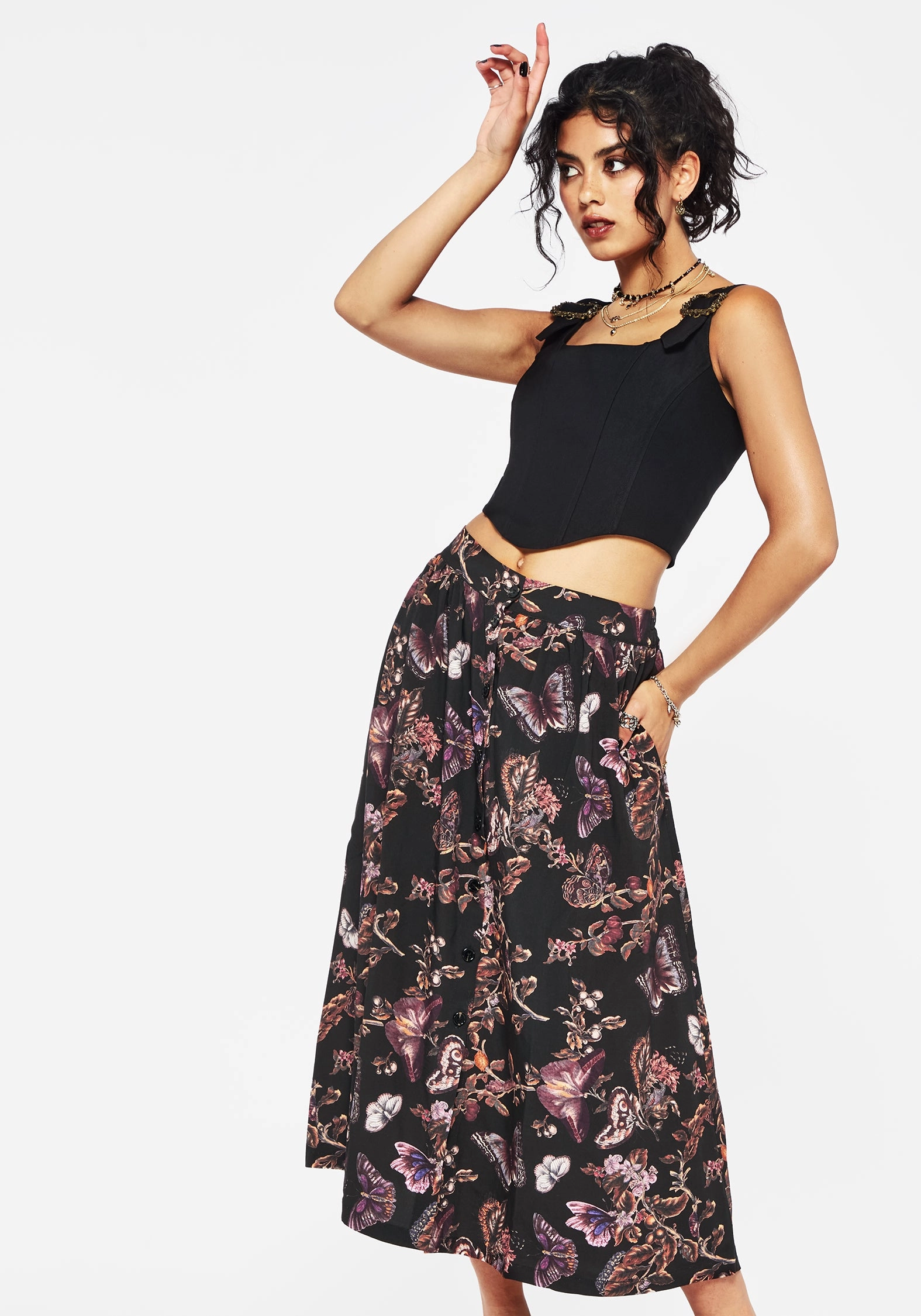 Eloise Floral Butterfly Print Button Up Midi Skirt Soft Layers