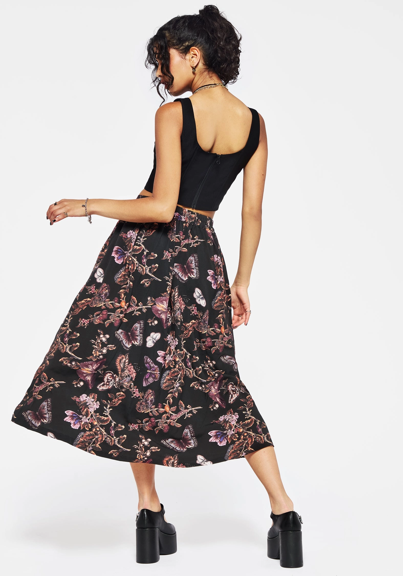 Eloise Floral Butterfly Print Button Up Midi Skirt Quick Dry Technology party look