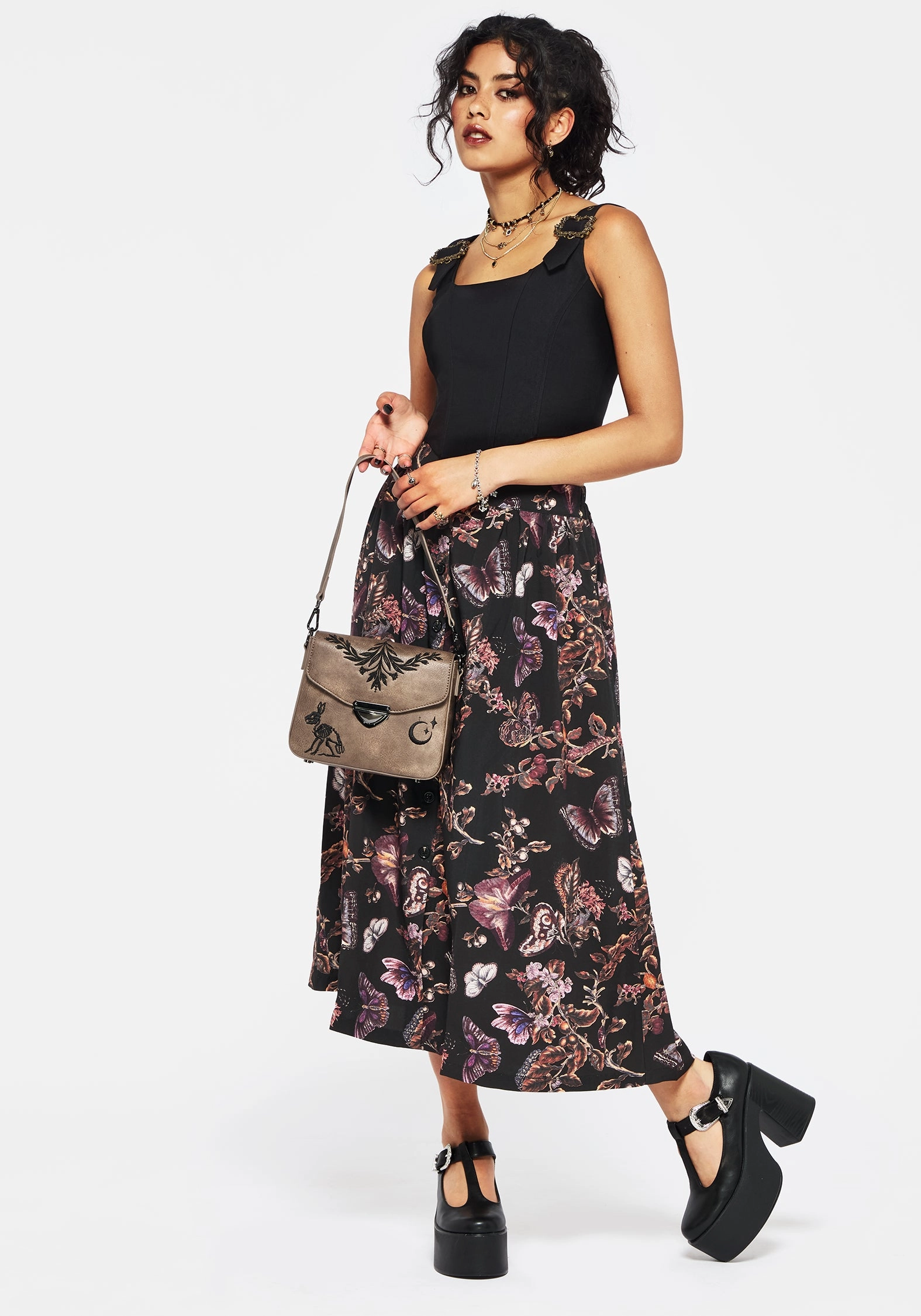 Eloise Floral Butterfly Print Button Up Midi Skirt Striped Design Laser Cut Edges