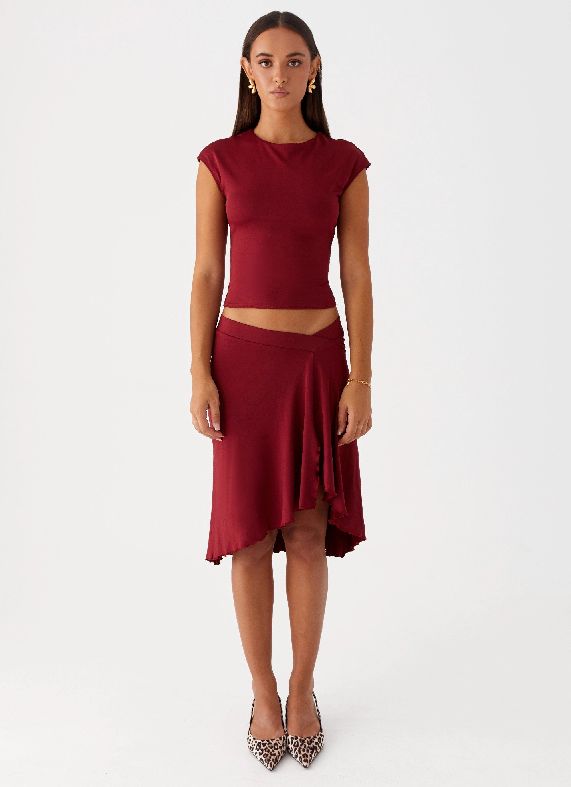 Shes A Lady Midi Skirt - Red Outfit Mood Contrast Stitching