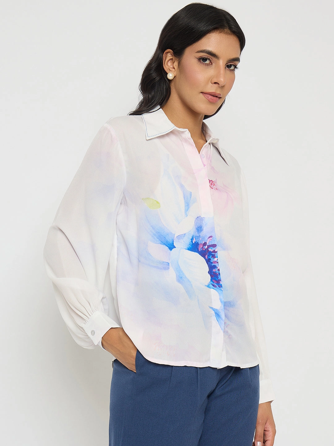Madame Floral Print Contrast Stiched Collar Off White Shirt Job Interview