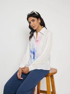 Madame Floral Print Contrast Stiched Collar Off White Shirt Smooth Finish Reinforced Elasticity